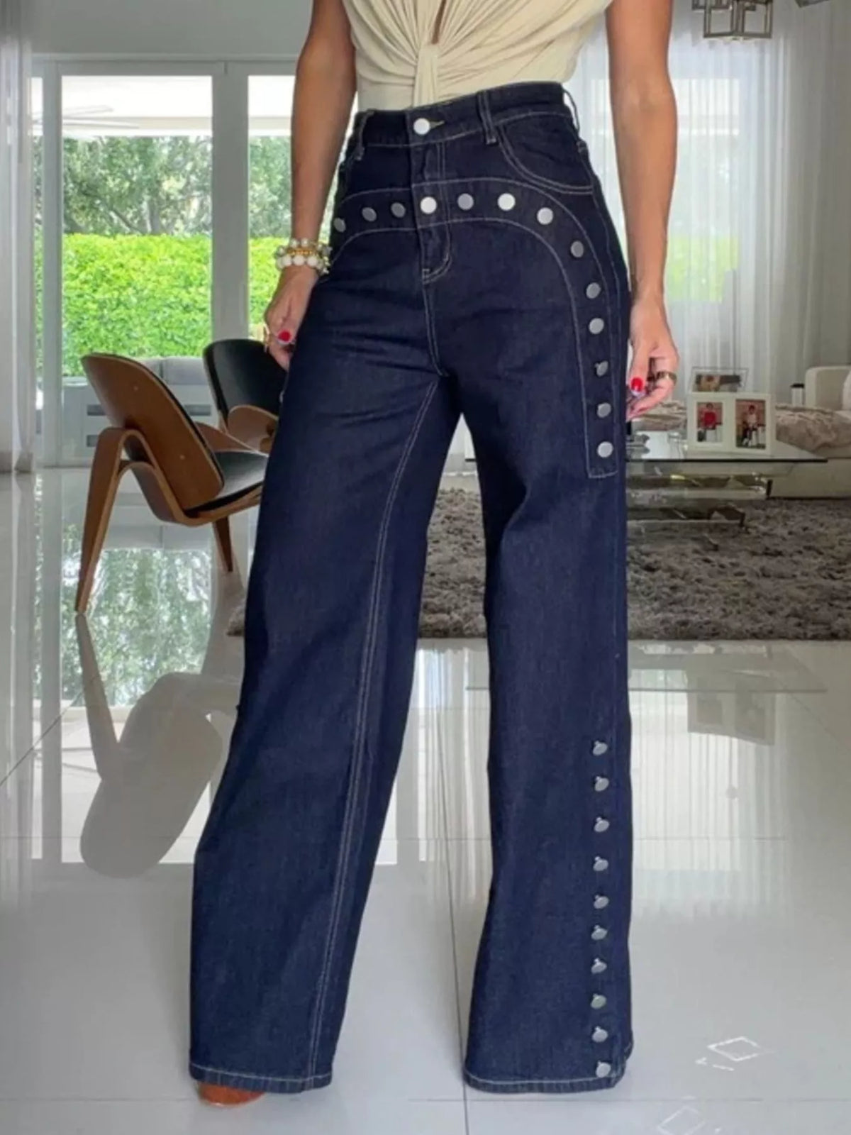High-Waisted Button-Detail Wide Leg Jeans in Dark Blue