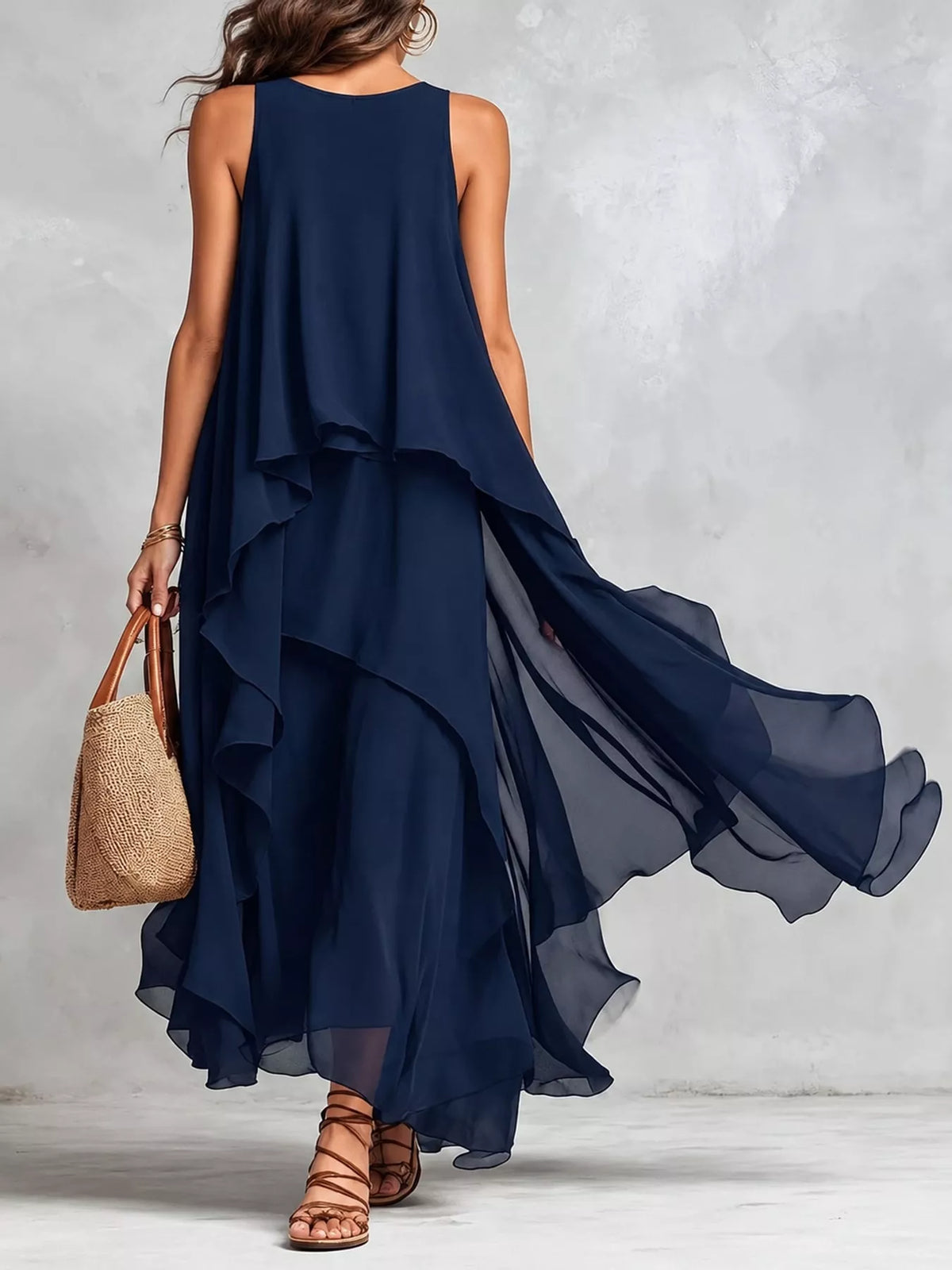 Ruffled Round-Neck Sleeveless Maxi Dress