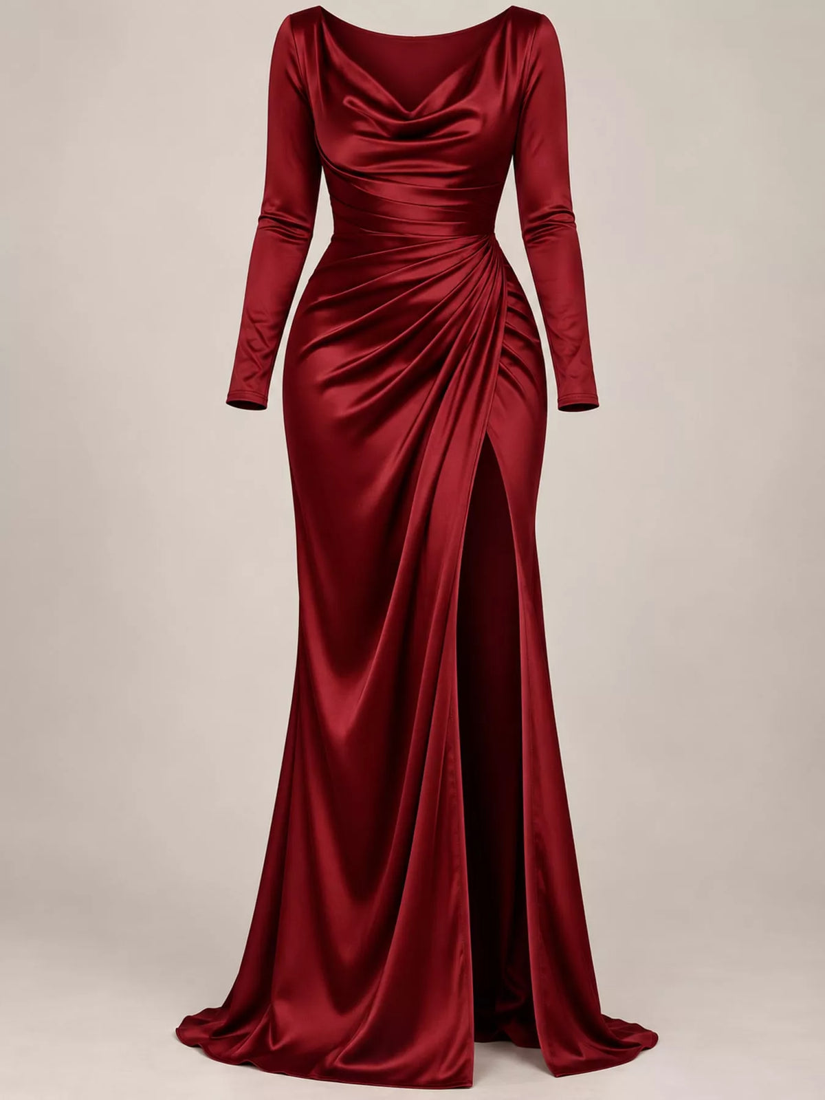 Satin Cowl Neck High Slit Evening Maxi Dress in Black