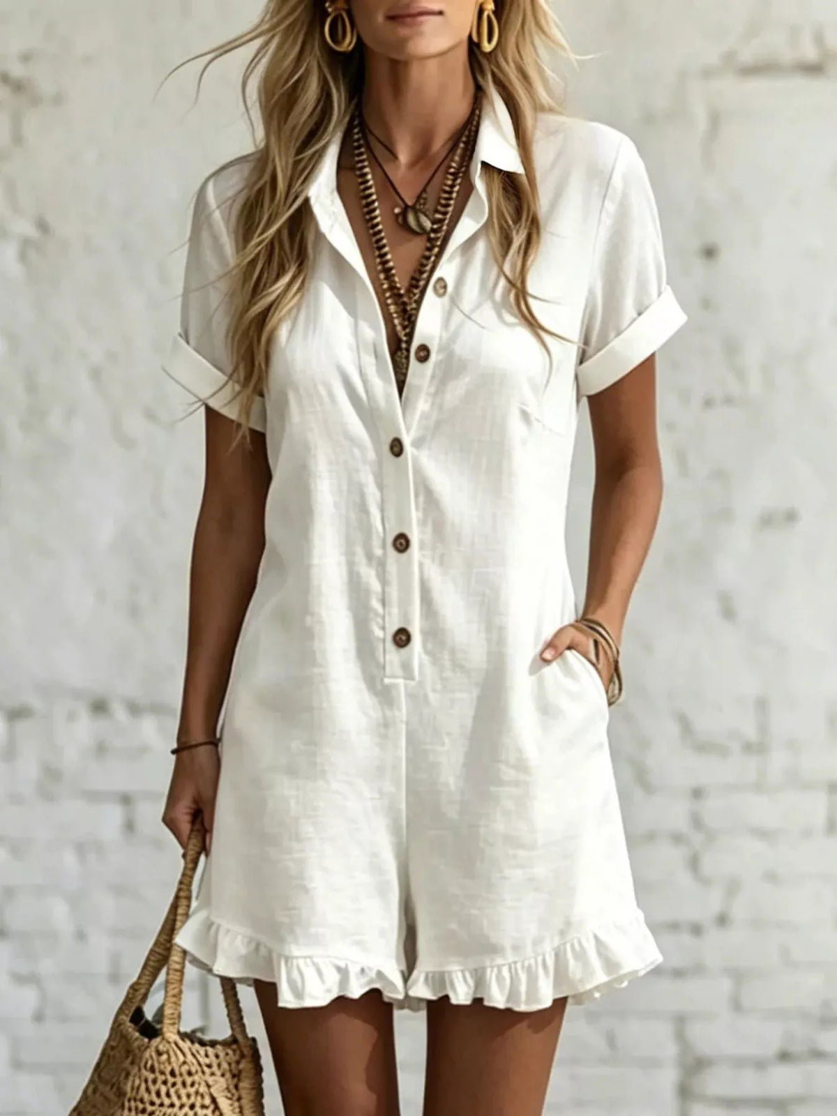Button Front Ruffled Hem Romper