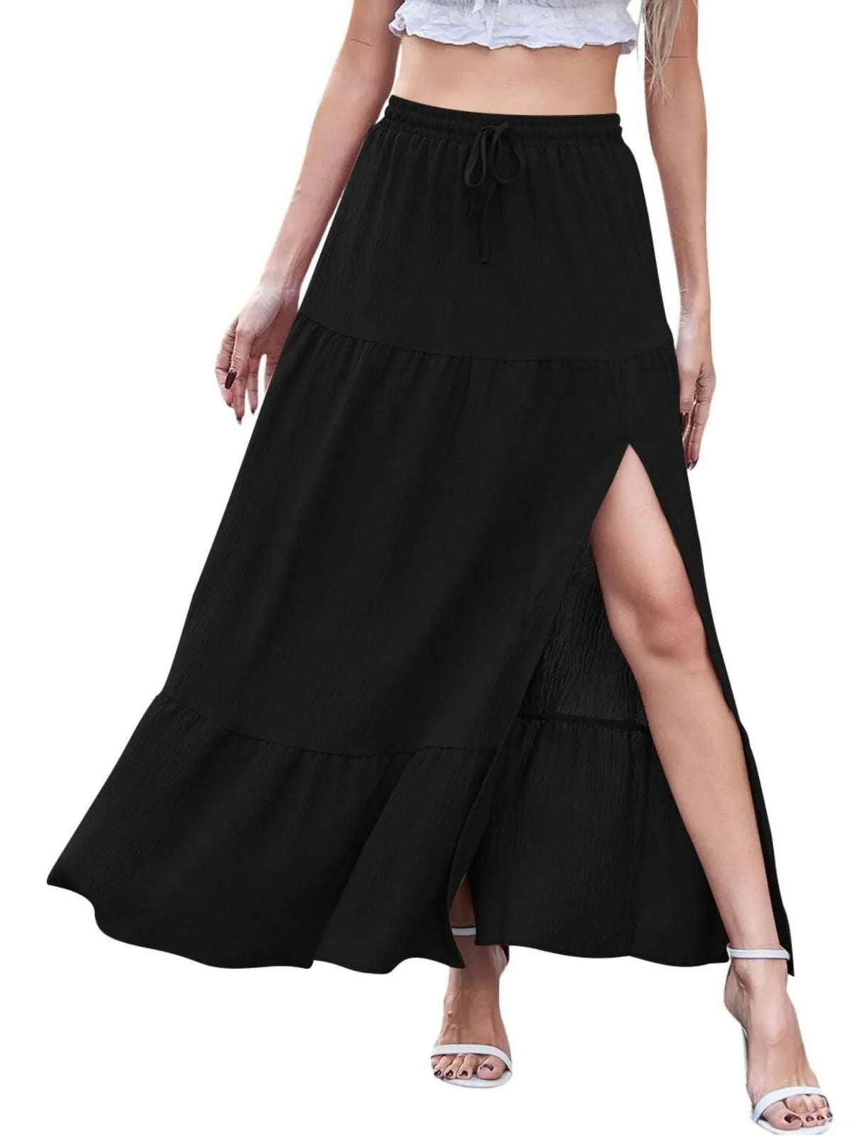 Tiered Ruffled Slit Maxi Skirt