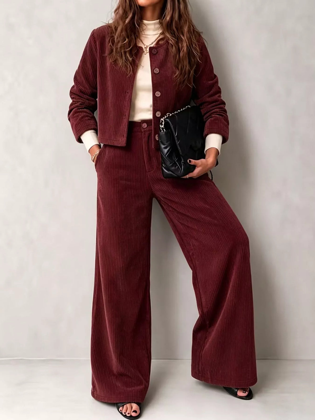 Corduroy Button-Down Jacket and Wide-Leg Pants Set