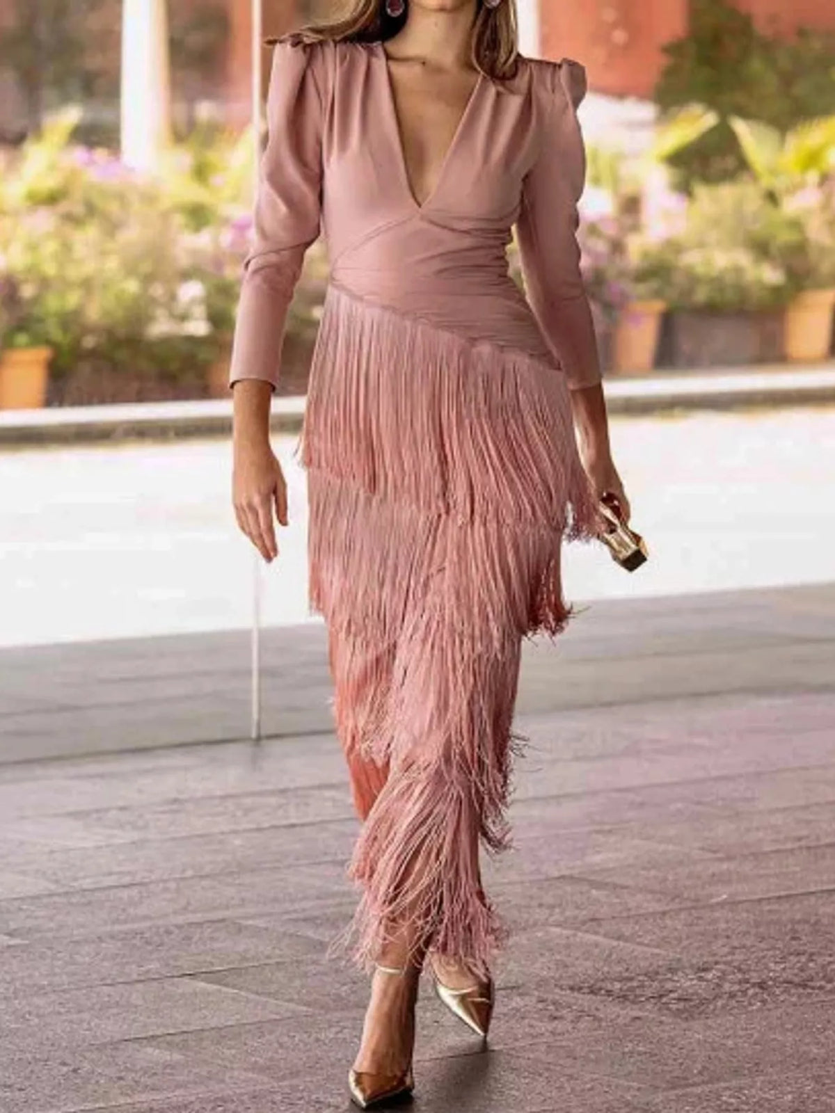V-Neck Fringe Midi Dress in Pink