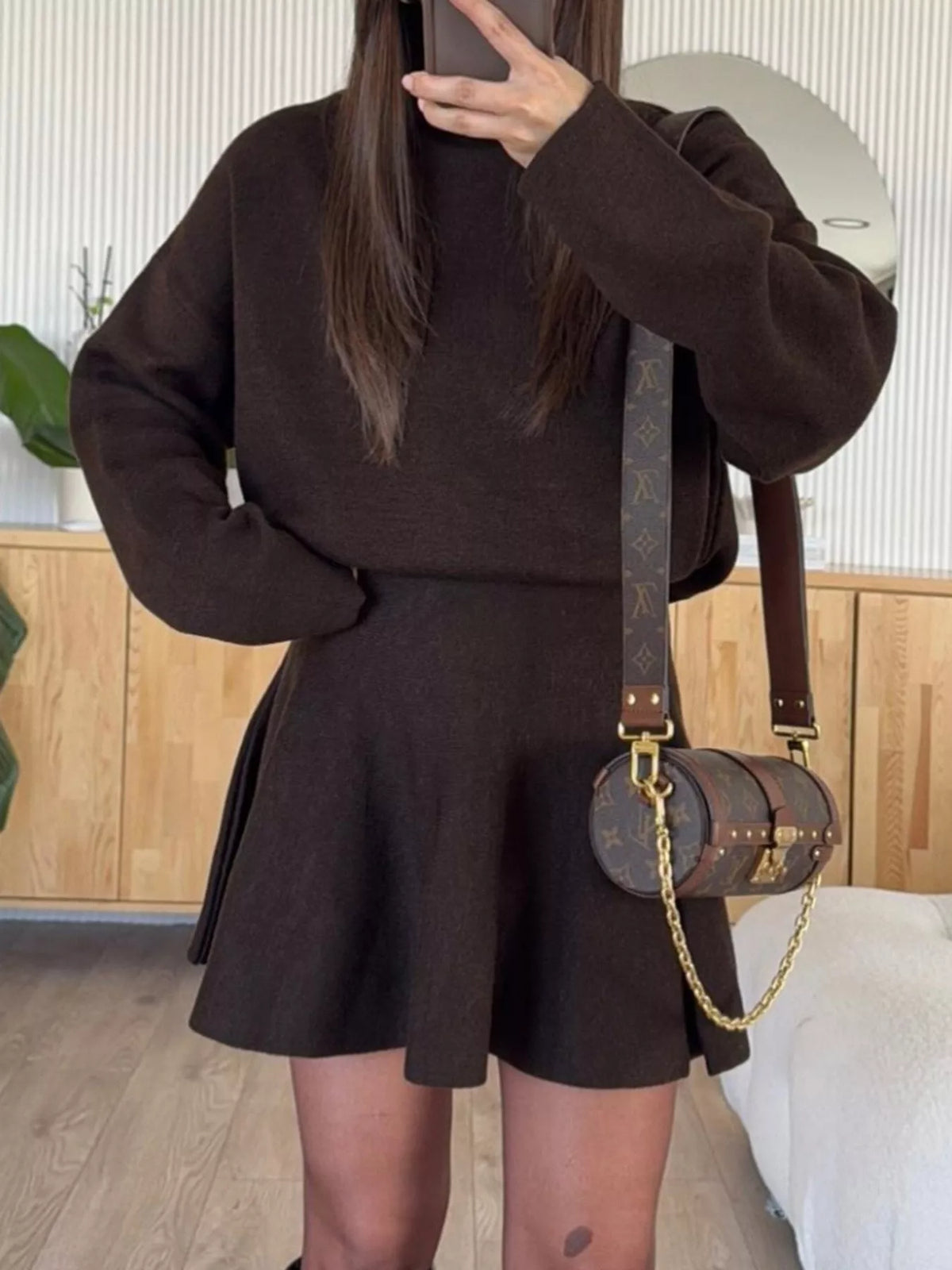 Mock Neck Knit Top and Flared Skirt Set