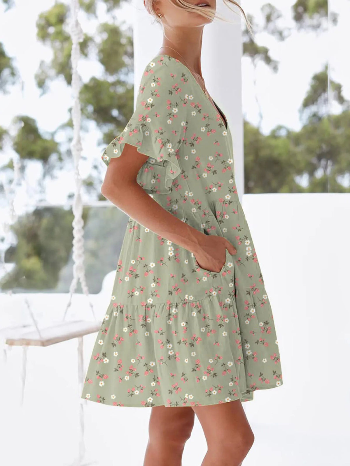 Polka Dot V-Neck Tiered Mini Dress