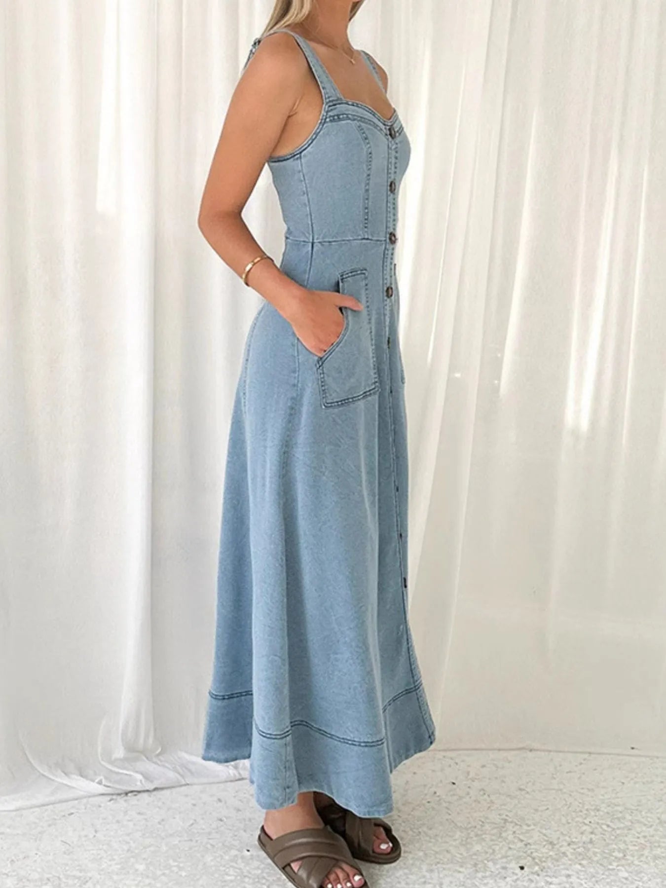 Wide Strap Sweetheart Neck Denim Dress in Light Blue