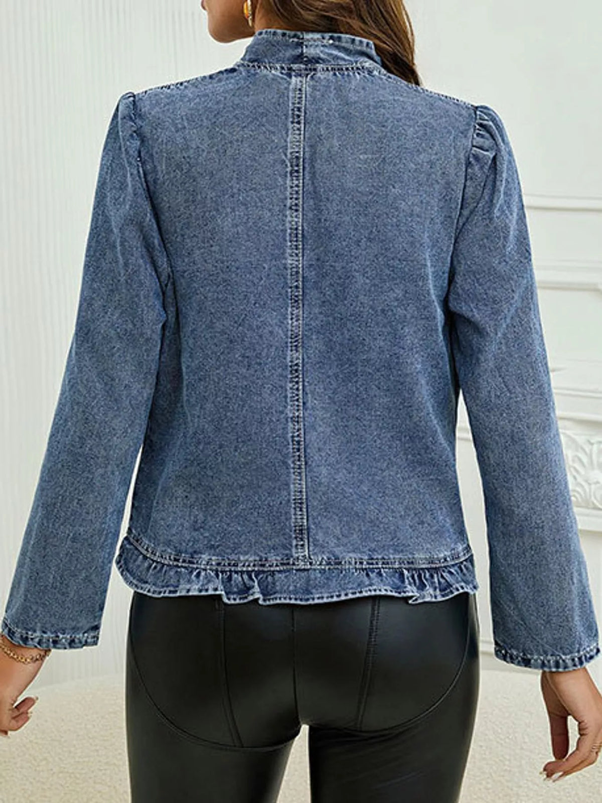 Open-Front Ruffled Trim Denim Jacket in Blue in Blue-Denim Jacket