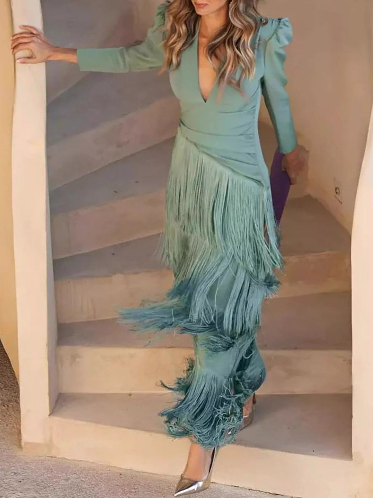 Fringed V-Neck Puff Sleeve Maxi Dress