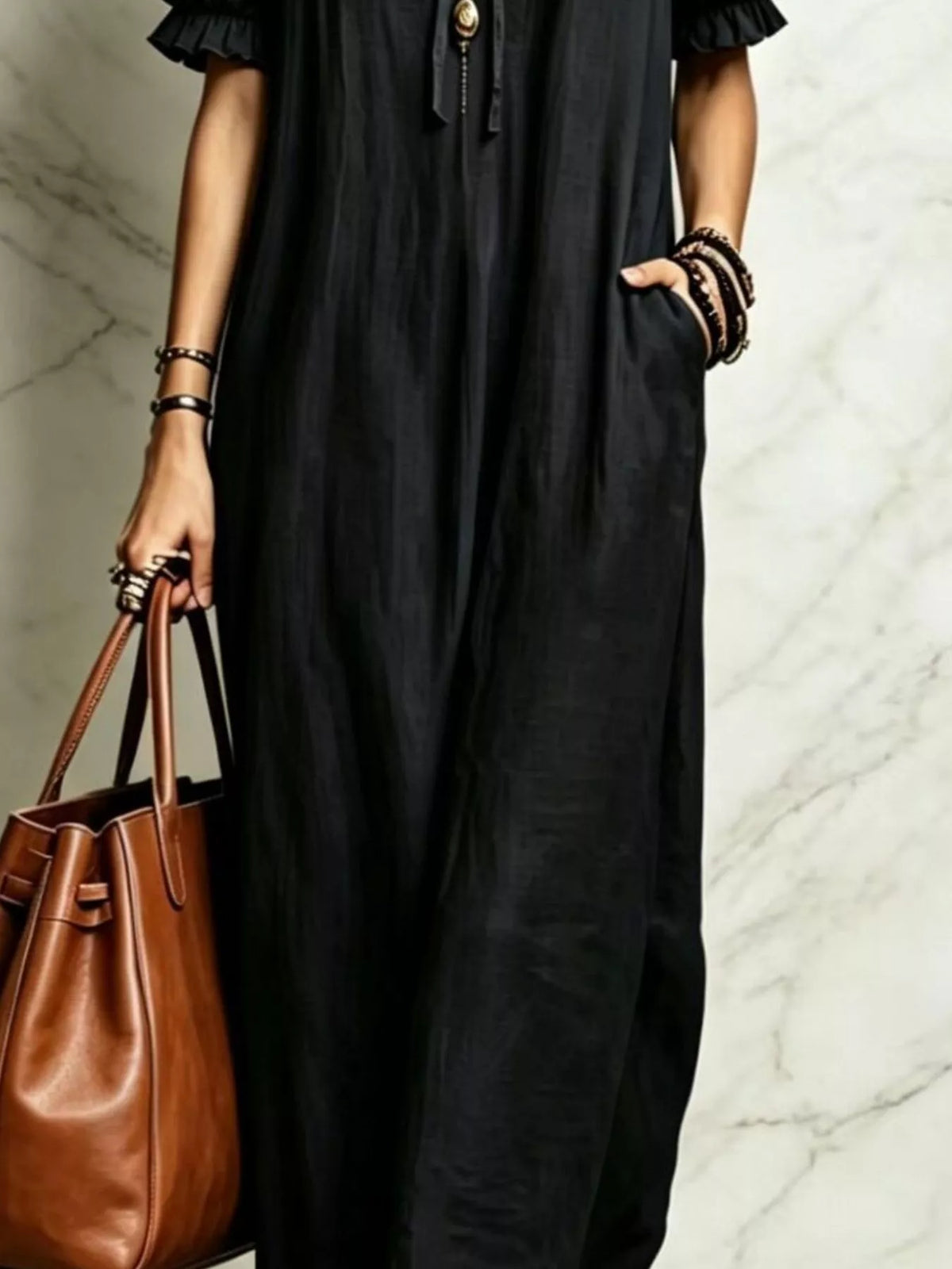 Puff Sleeve Ruffle Trim Maxi Dress