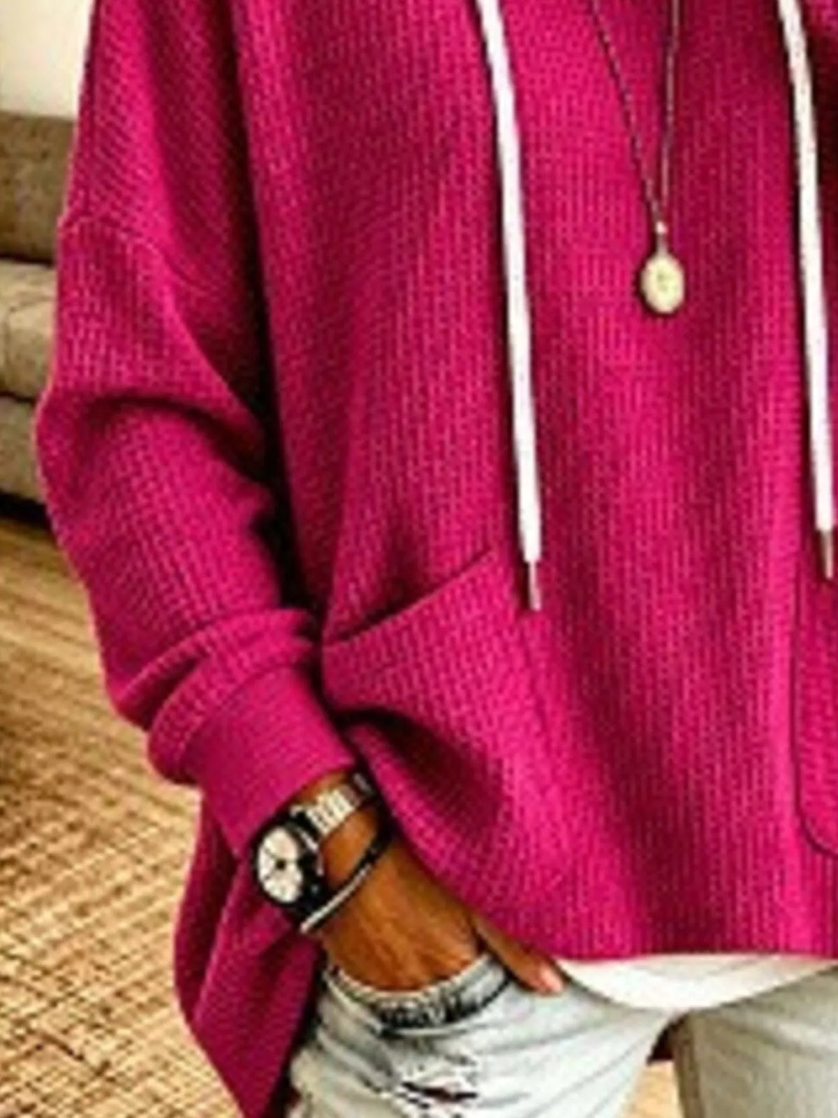 Waffle Knit Hoodie with Pockets