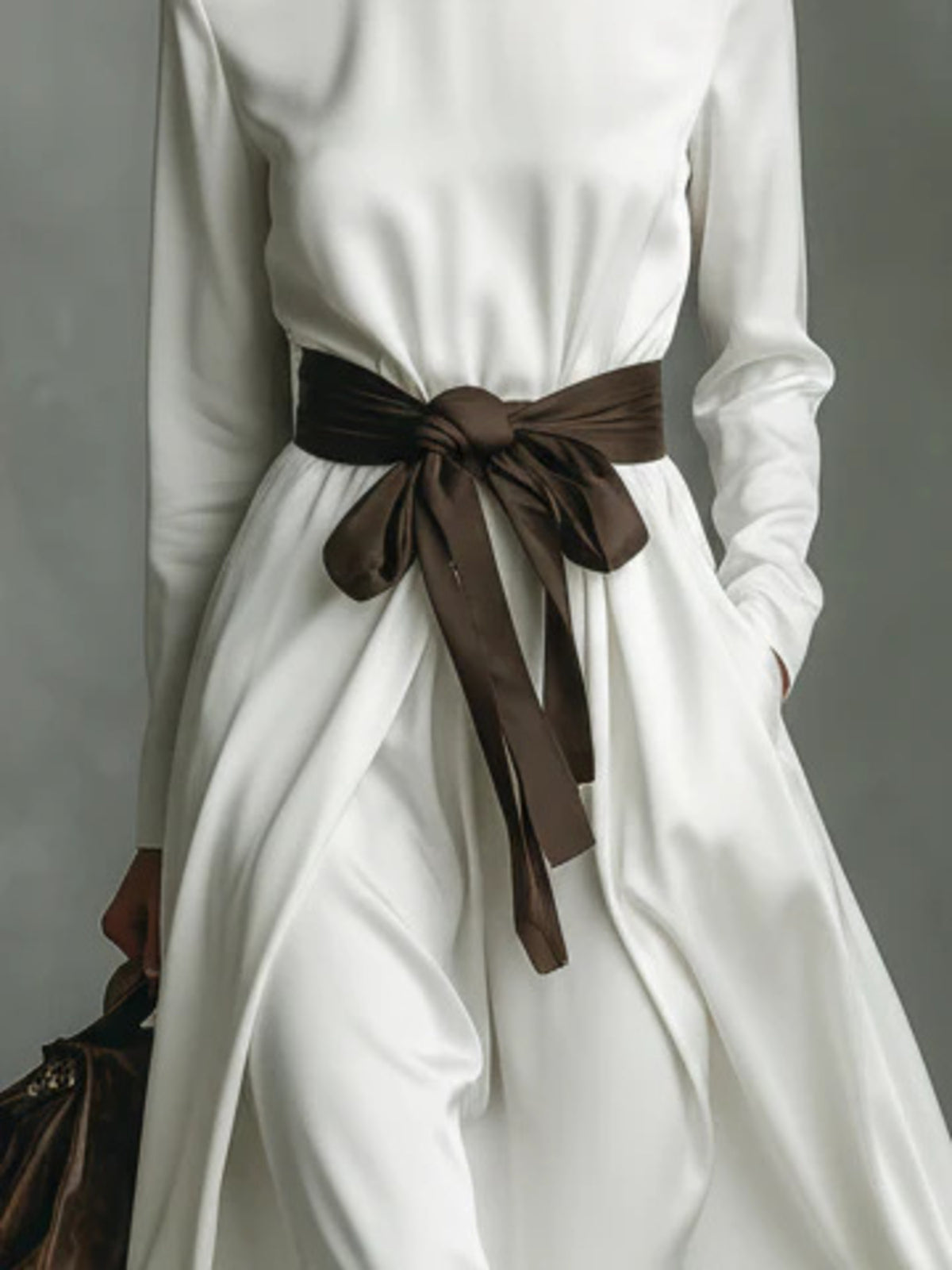 Turtleneck Tie-Waist Midi Dress in White
