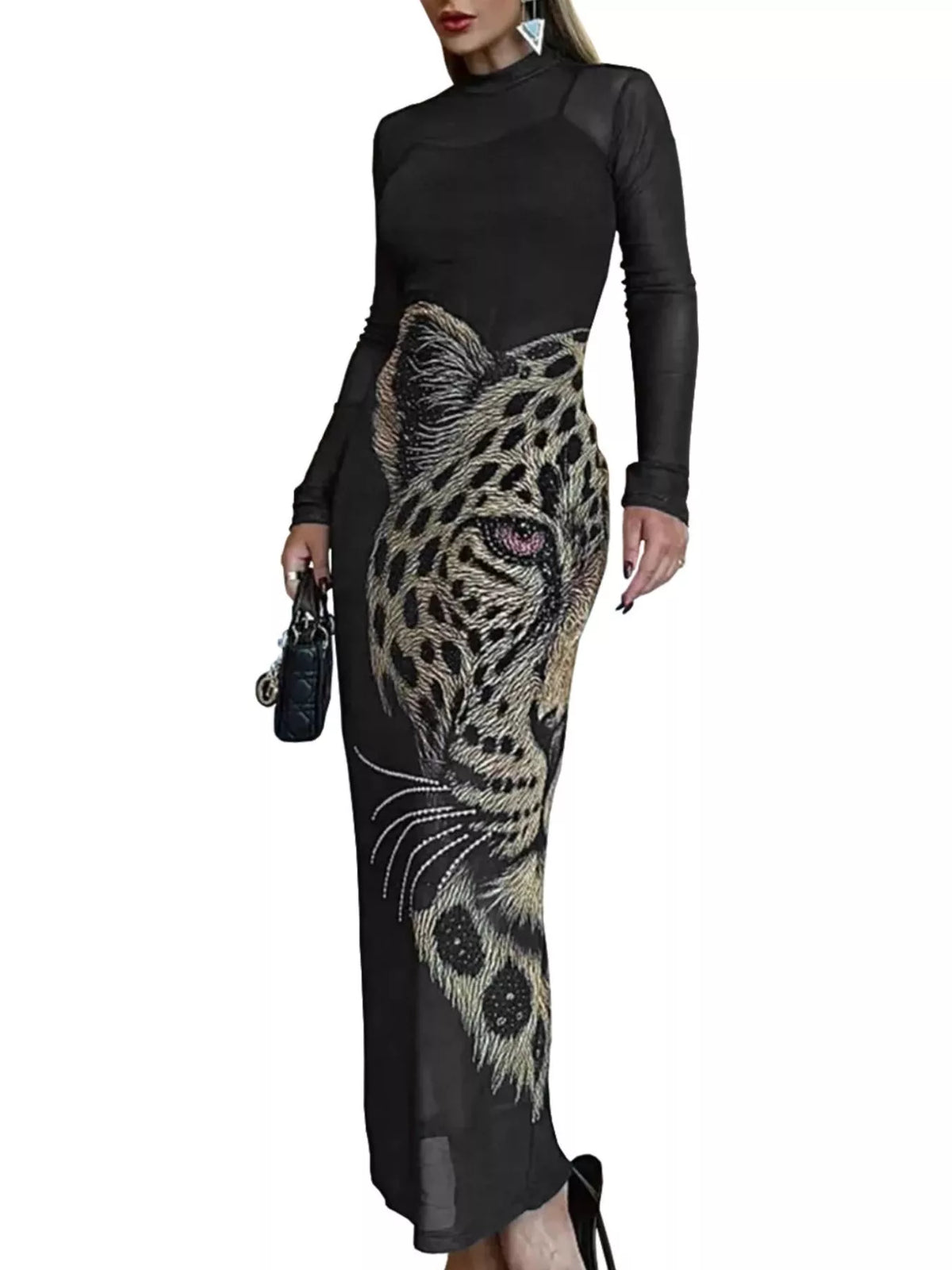 Leopard Print Mesh Maxi Dress in Black