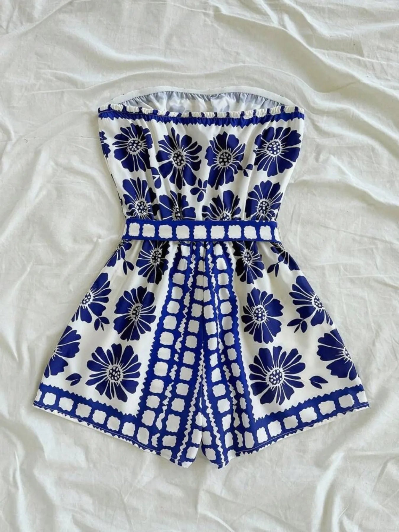 Printed Tube Tie-Waist Romper