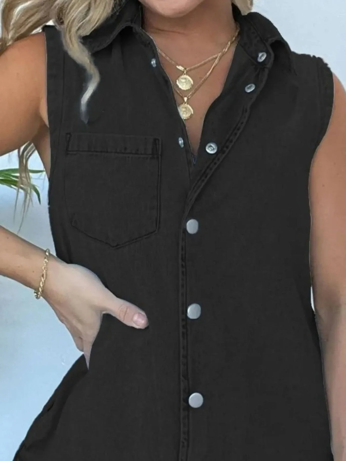 Button-Front Sleeveless Denim Romper