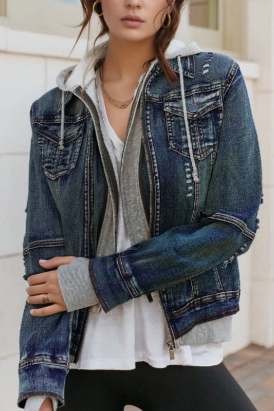 Hooded Zip-Up Denim Jacket in Dark Blue