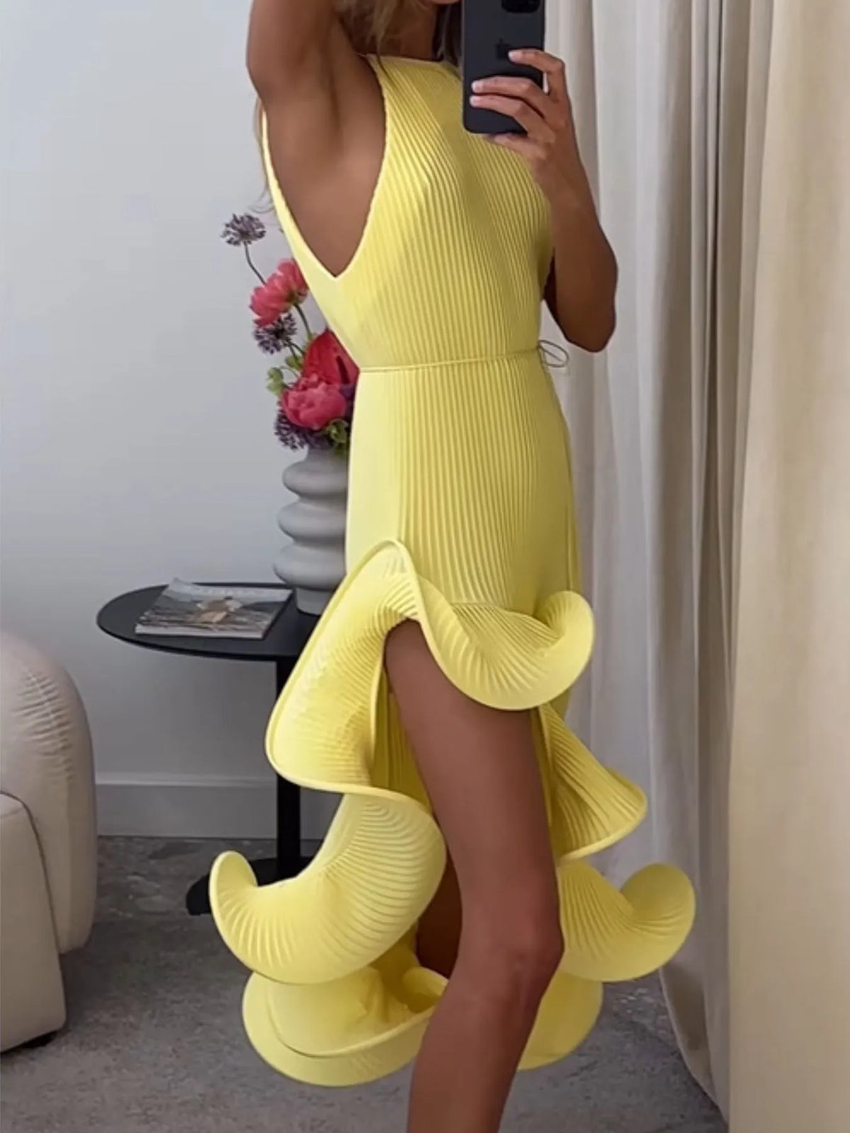 Ruffle Hem Ribbed Sleeveless Dress