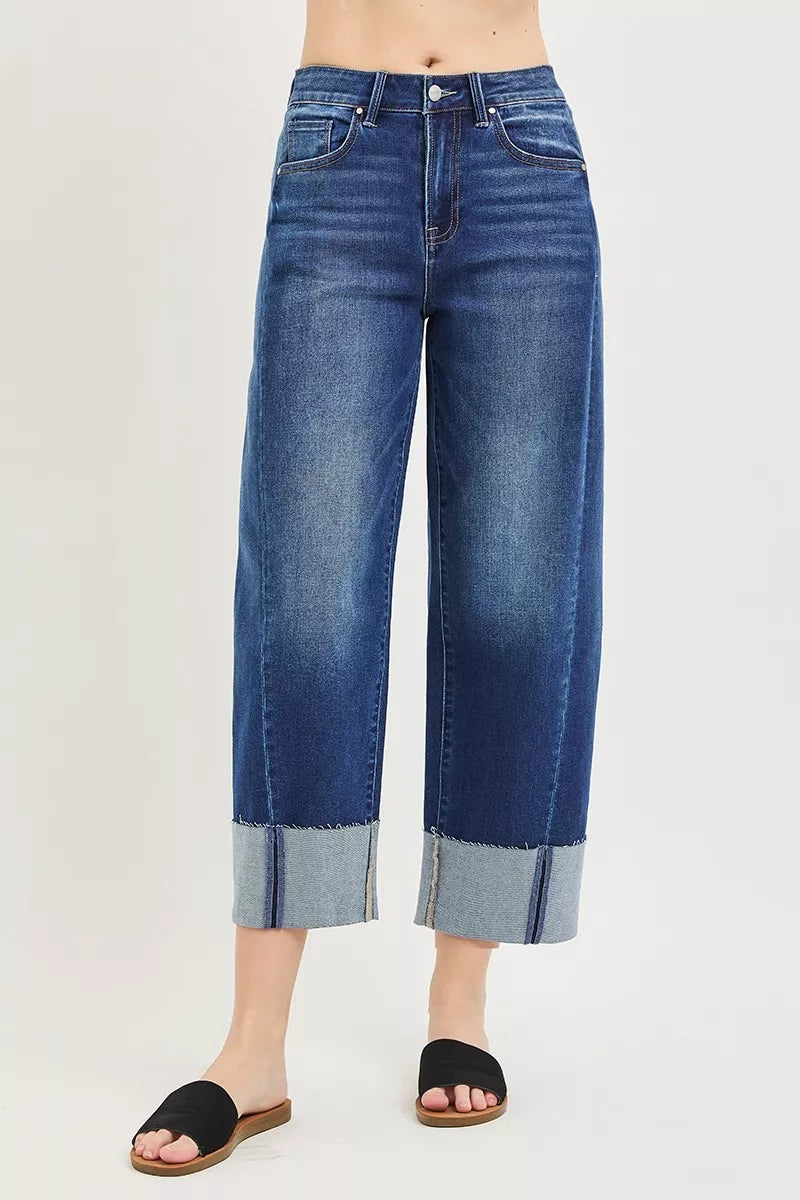 Risen Full Size Slouchy Barrel Cuffed Jeans in Dark