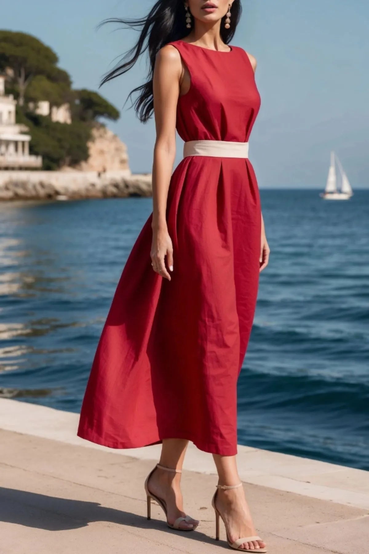 Round Neck Sleeveless Midi Dress in White
