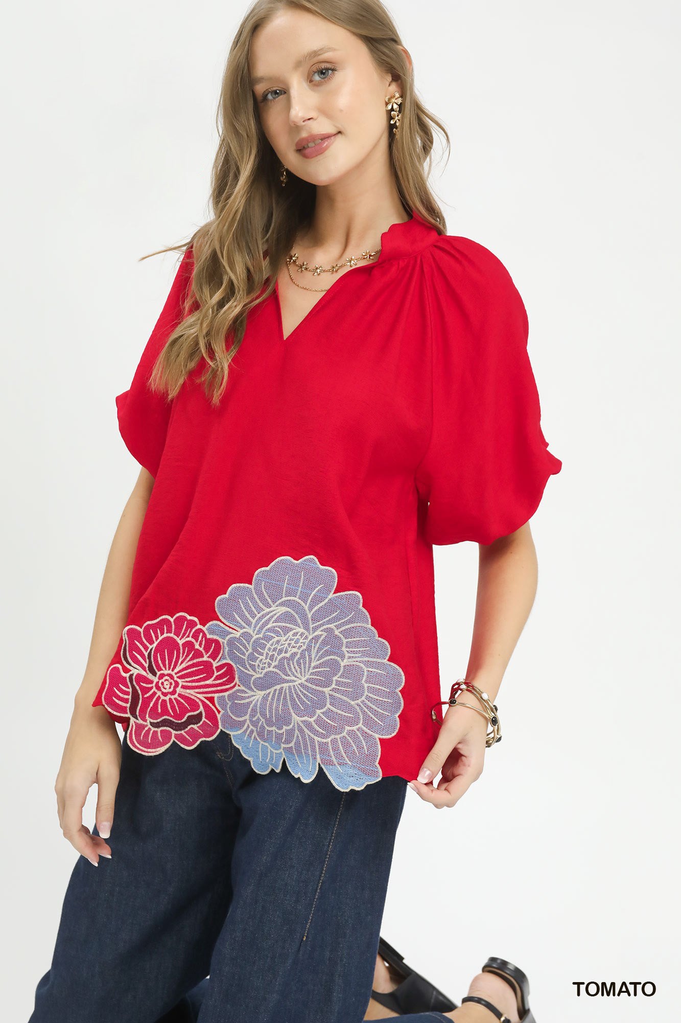 Umgee Floral Embroidered Hem Blouse in Tomato