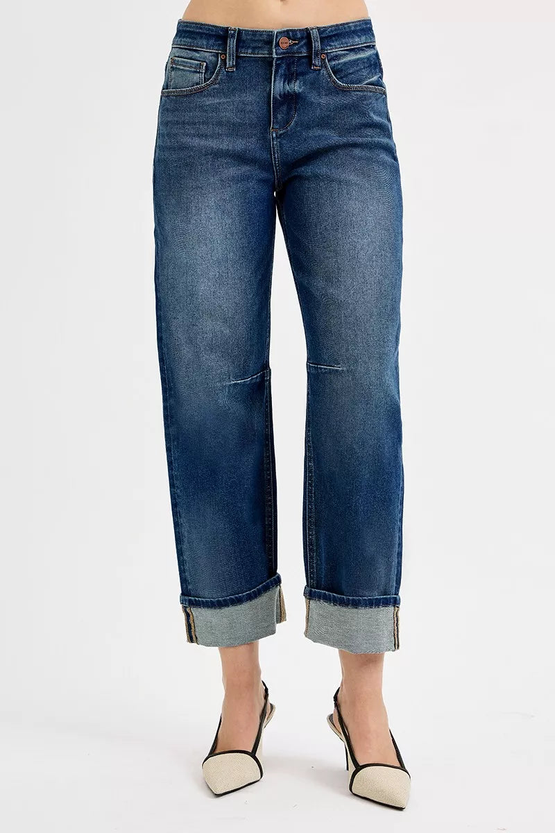 Risen Slouchy Crop Barrel Cuffed Jeans in Dark