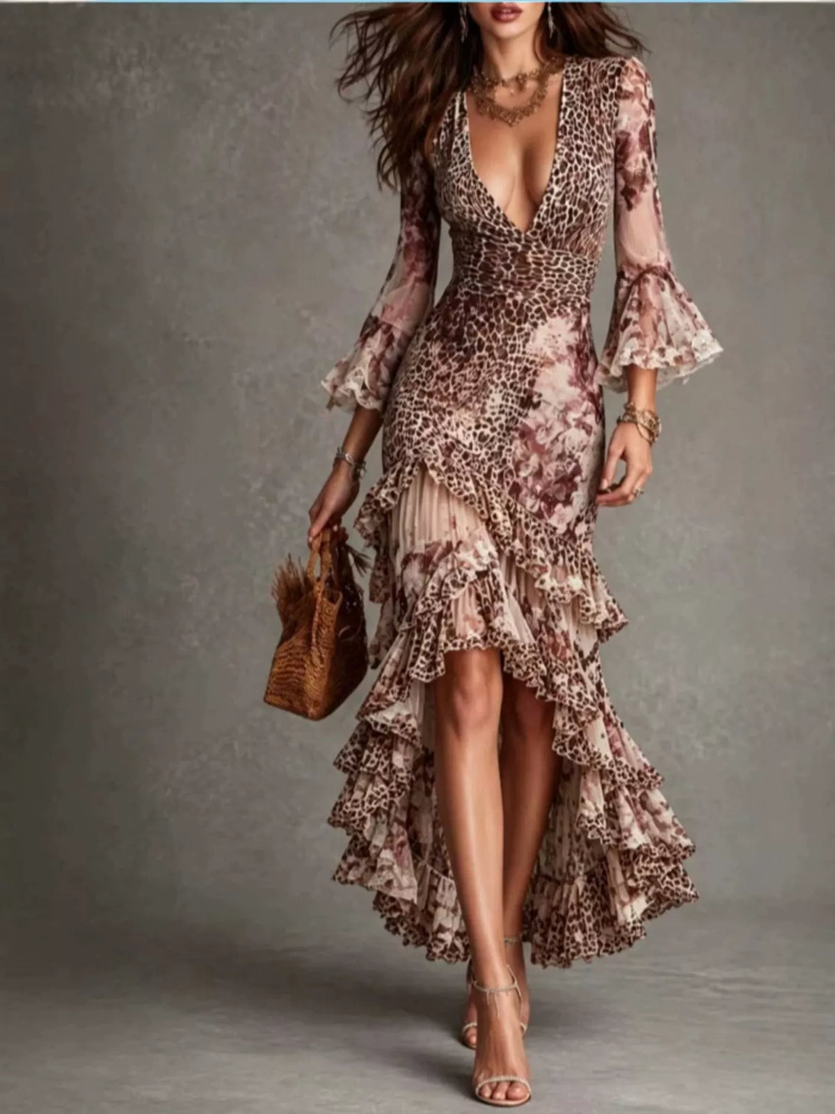 Leopard Print High-Low Ruffle Hem Maxi Dress in Dusty Pink