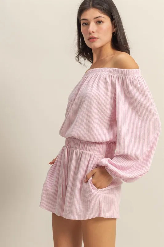 Hyfve Off Shoulder Top and Shorts Set in Pink/White