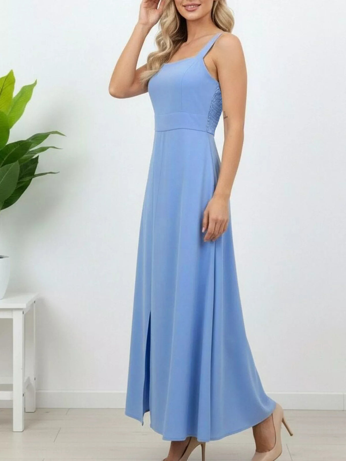 Slit Wide Strap Maxi Dress in Blue