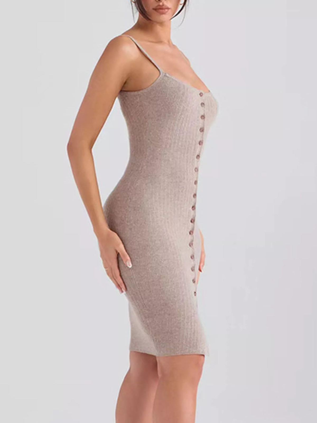 Ribbed Button-Front Sweater Dress in Mocha
