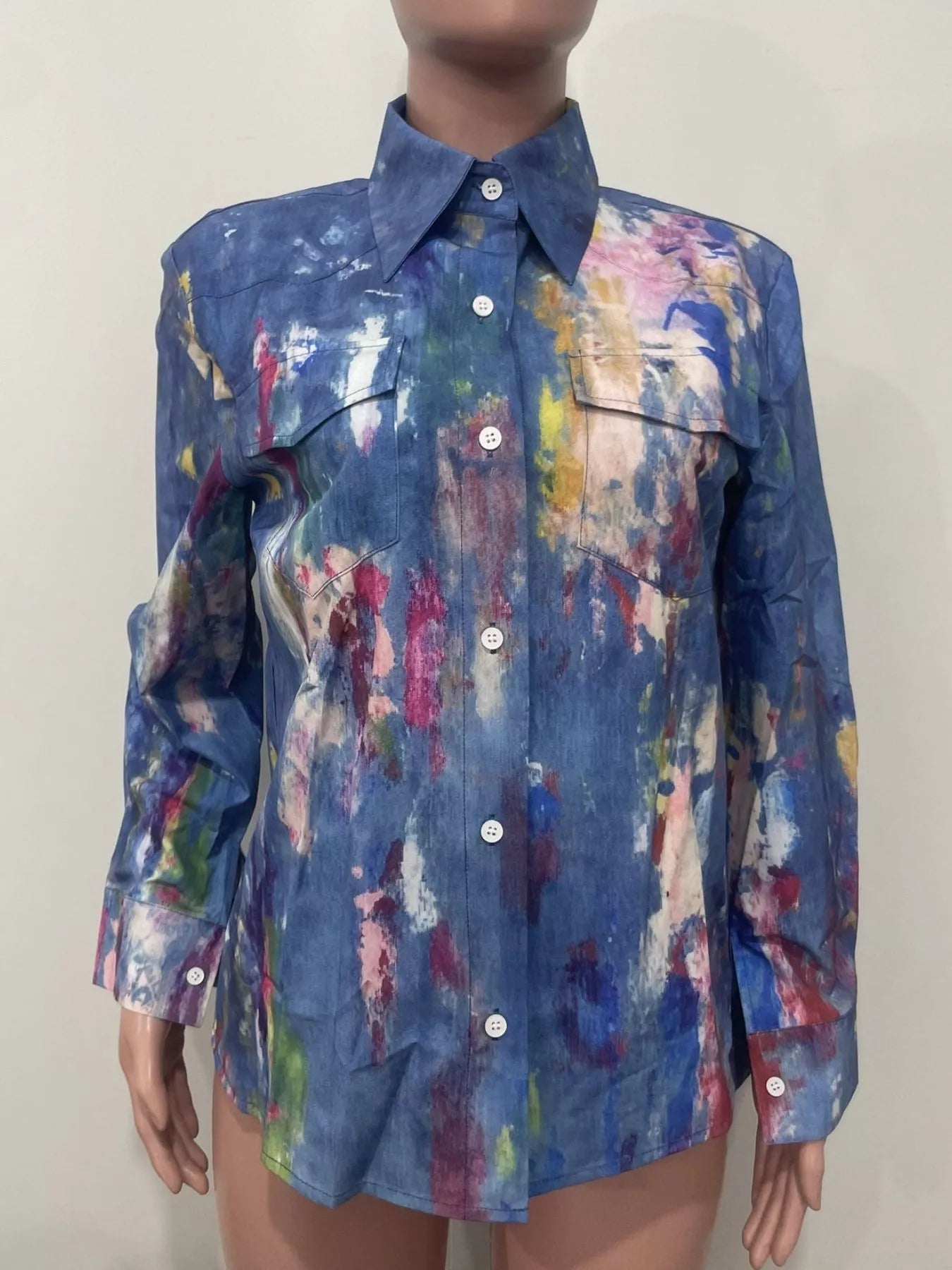 Painted Long Sleeve Denim Shirt in Medium Wash