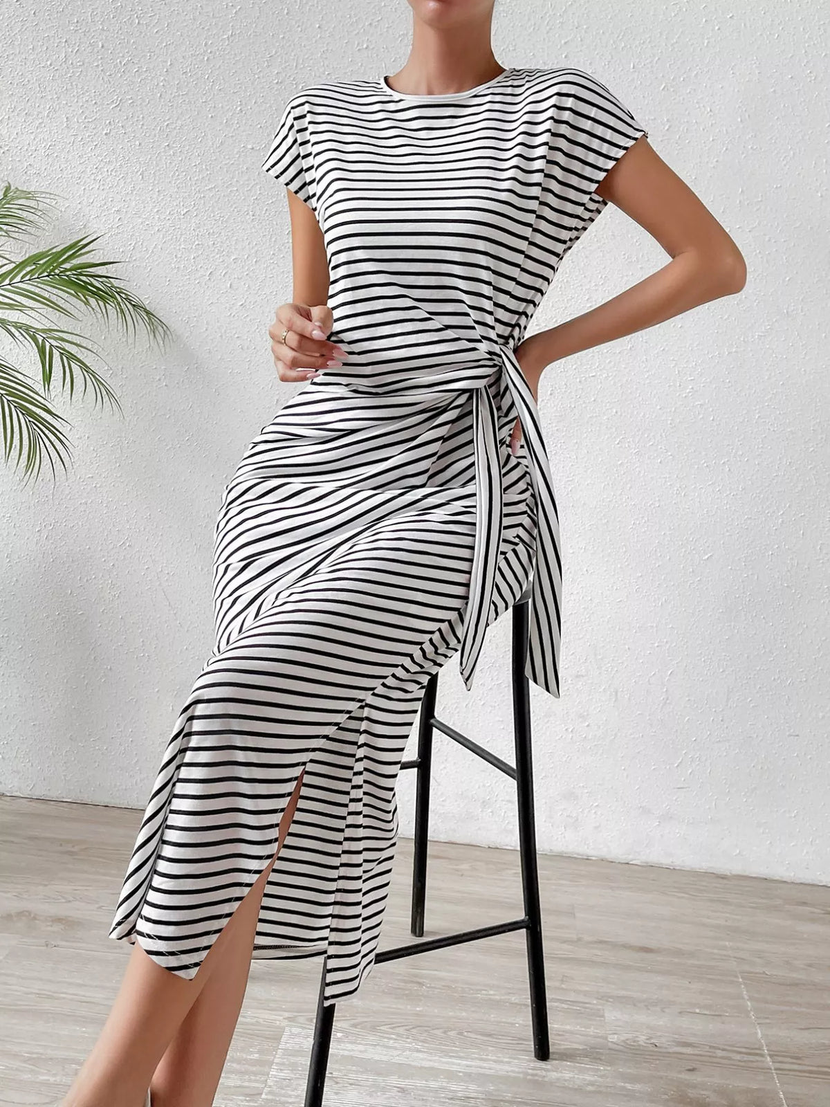 Striped Tie-Side Midi Dress
