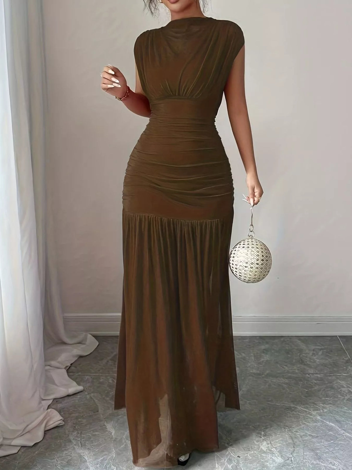 Ruched Bodycon Maxi Dress in Brown