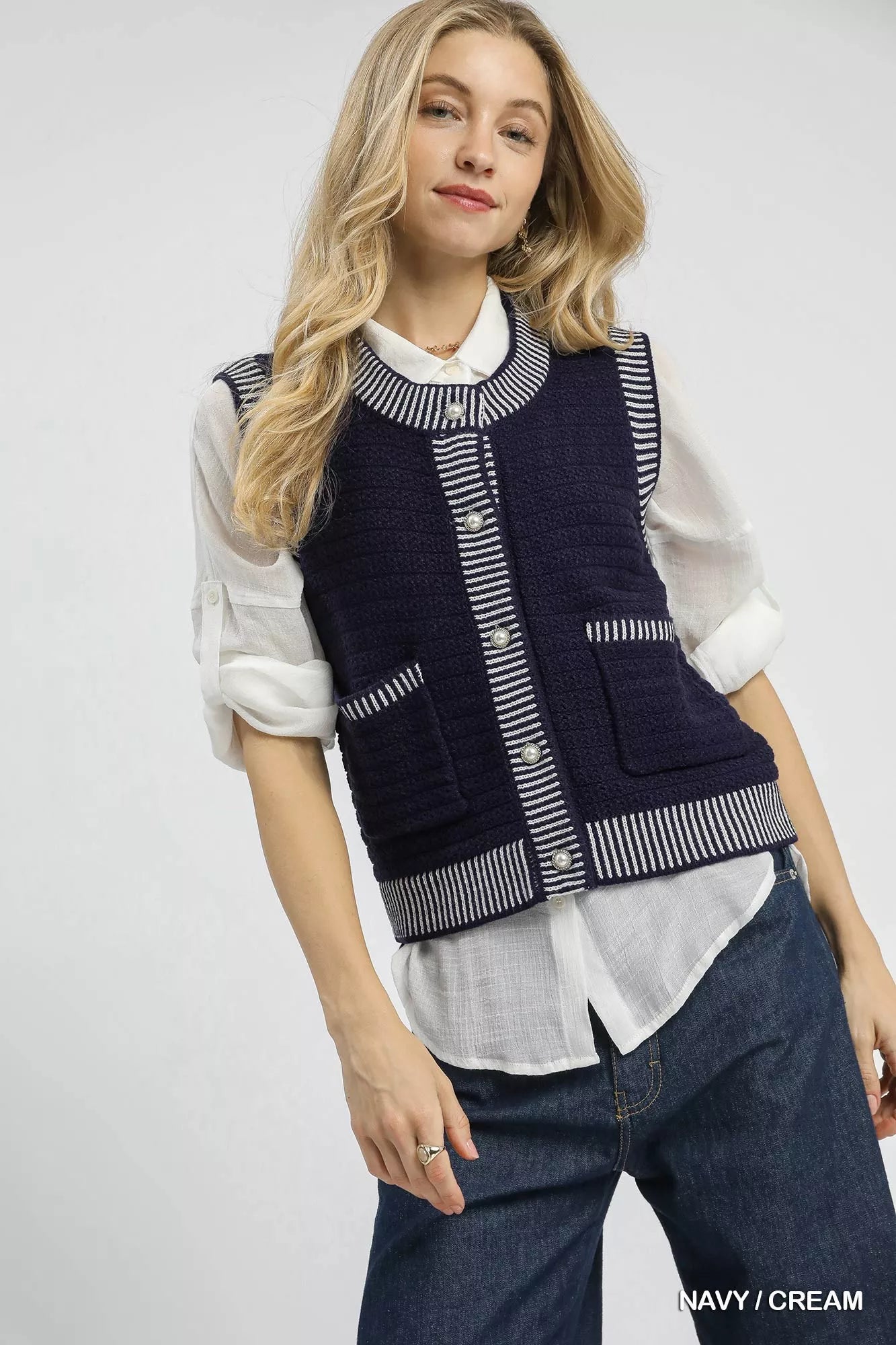 Umgee Striped Trim Button-Down Sweater Vest in Navy and Cream in Navy / cream