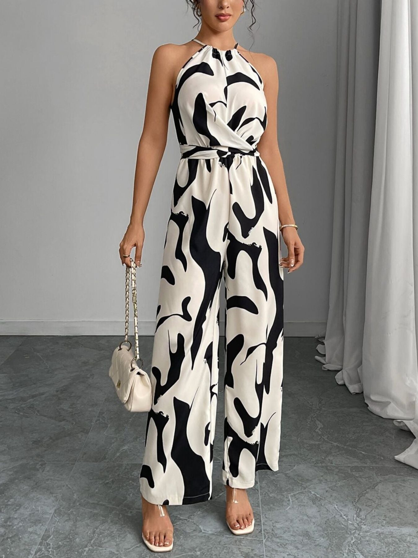 Abstract Print Wide-Leg Jumpsuit in Black