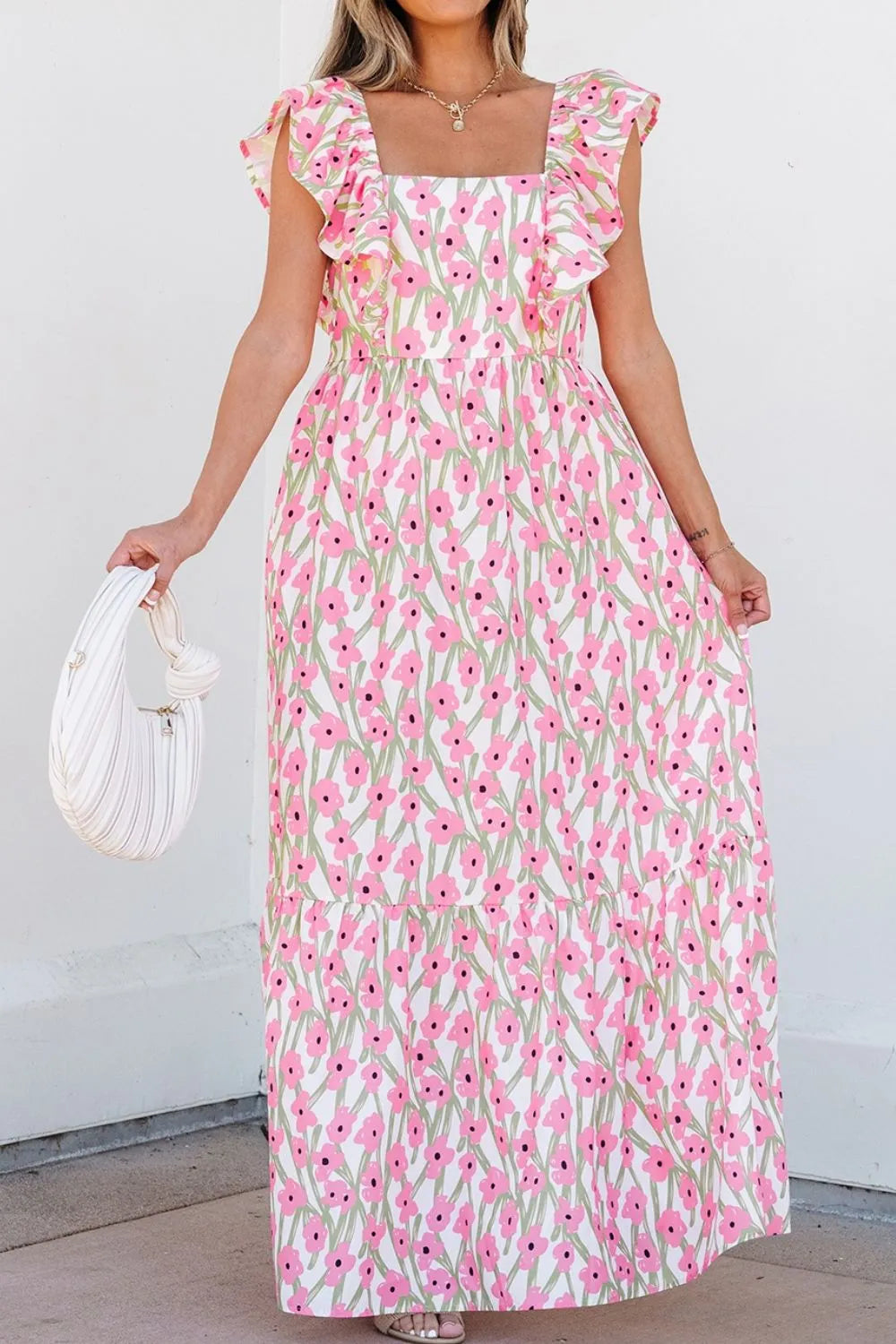 Floral Square Neck Ruffled Maxi Dress in Blush Pink