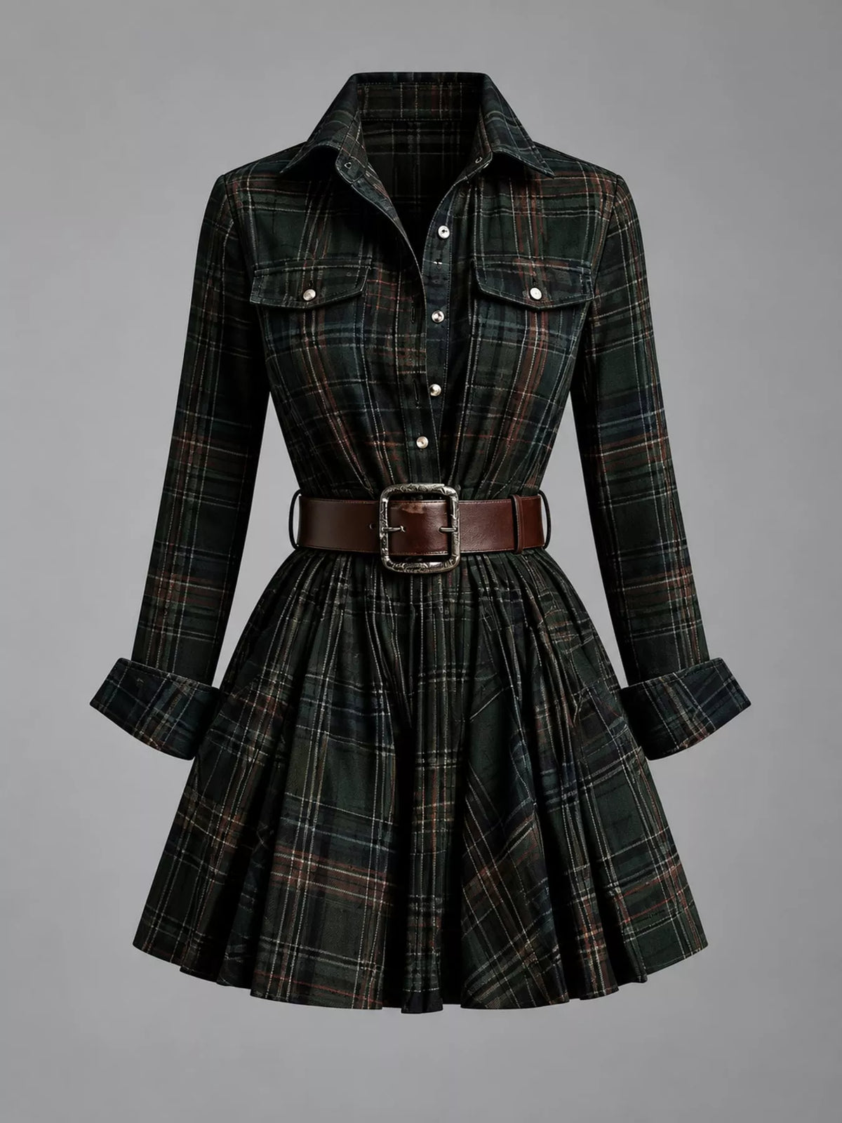 Plaid Long-Sleeve Shirt Dress with Belt