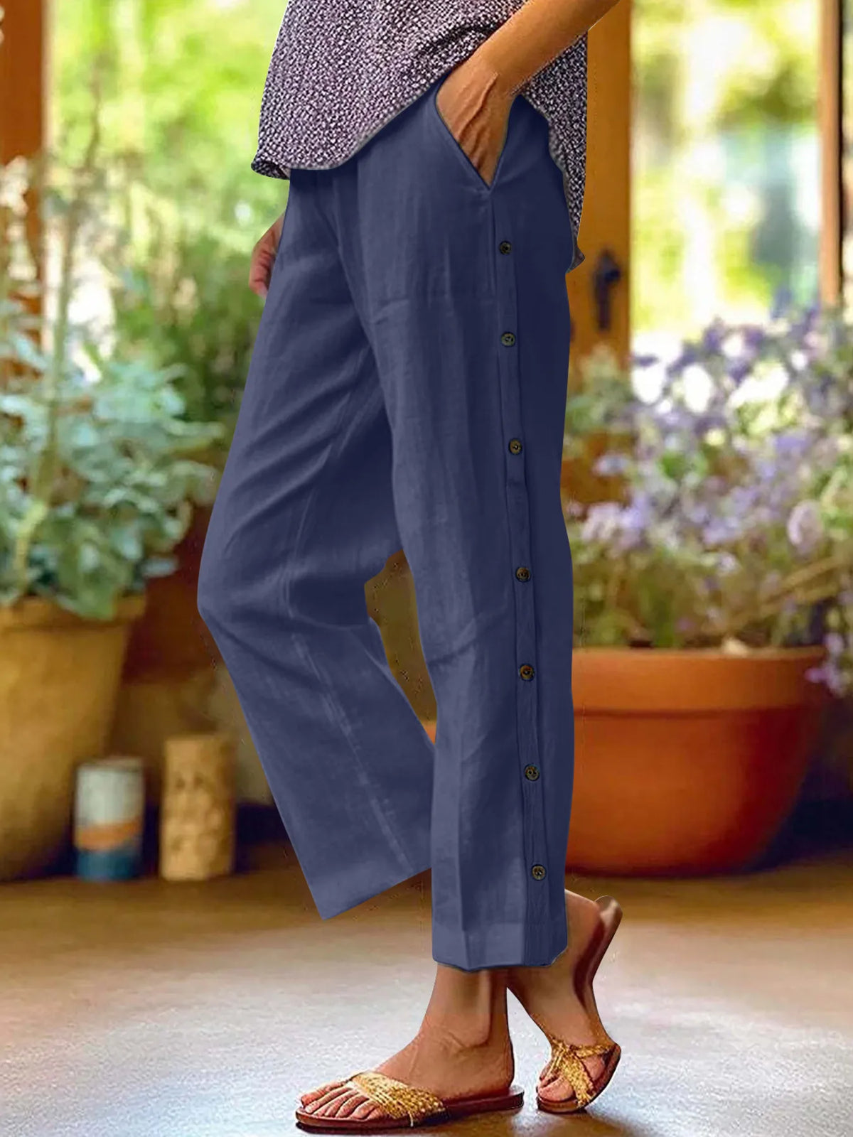 Side Button Wide Leg Pants, Plus Size