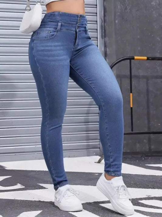 High-Waisted Slim Fit Fleece-Lined Jeans in Blue