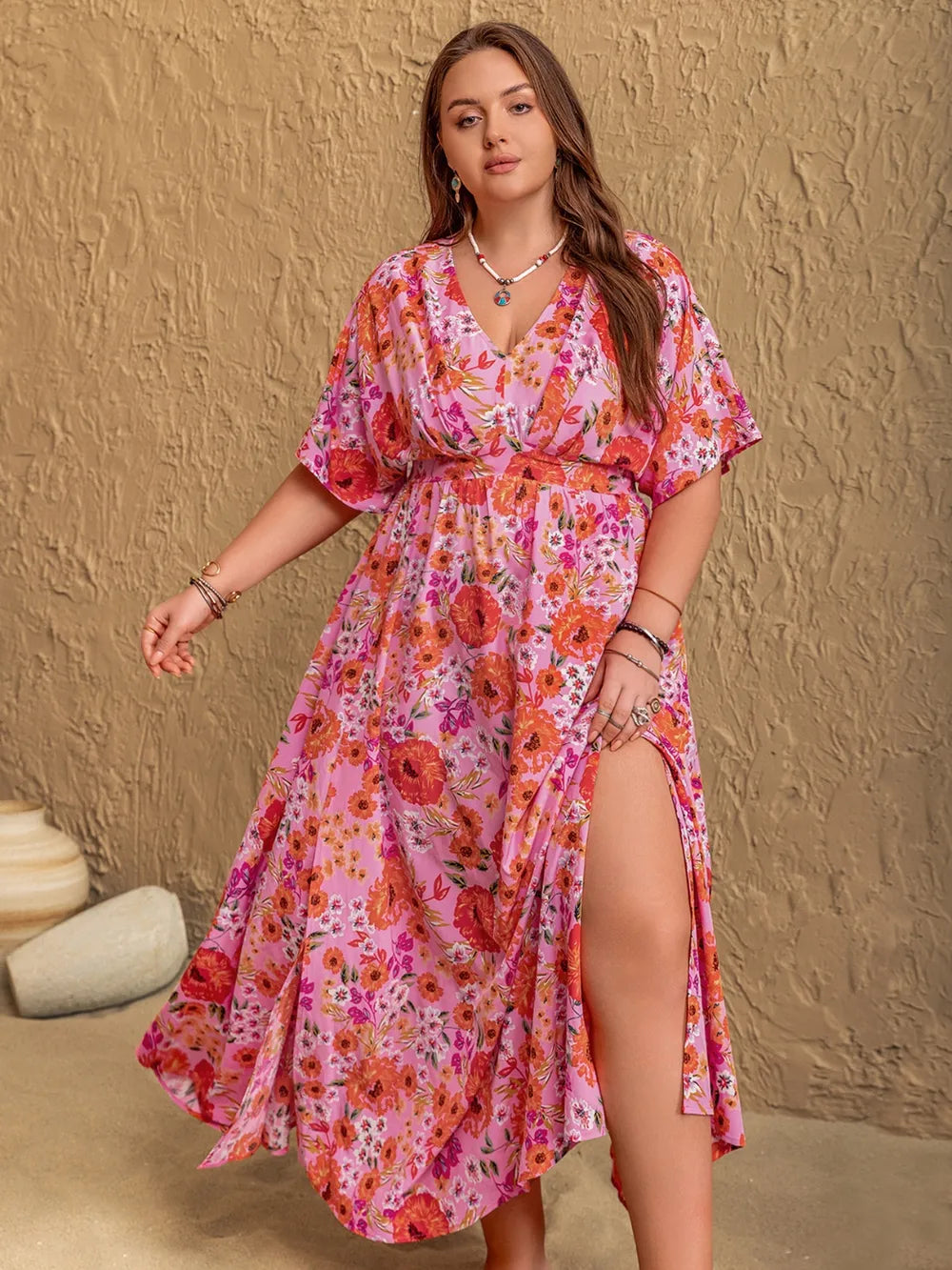 Floral V-Neck Maxi Dress in Fuchsia Pink