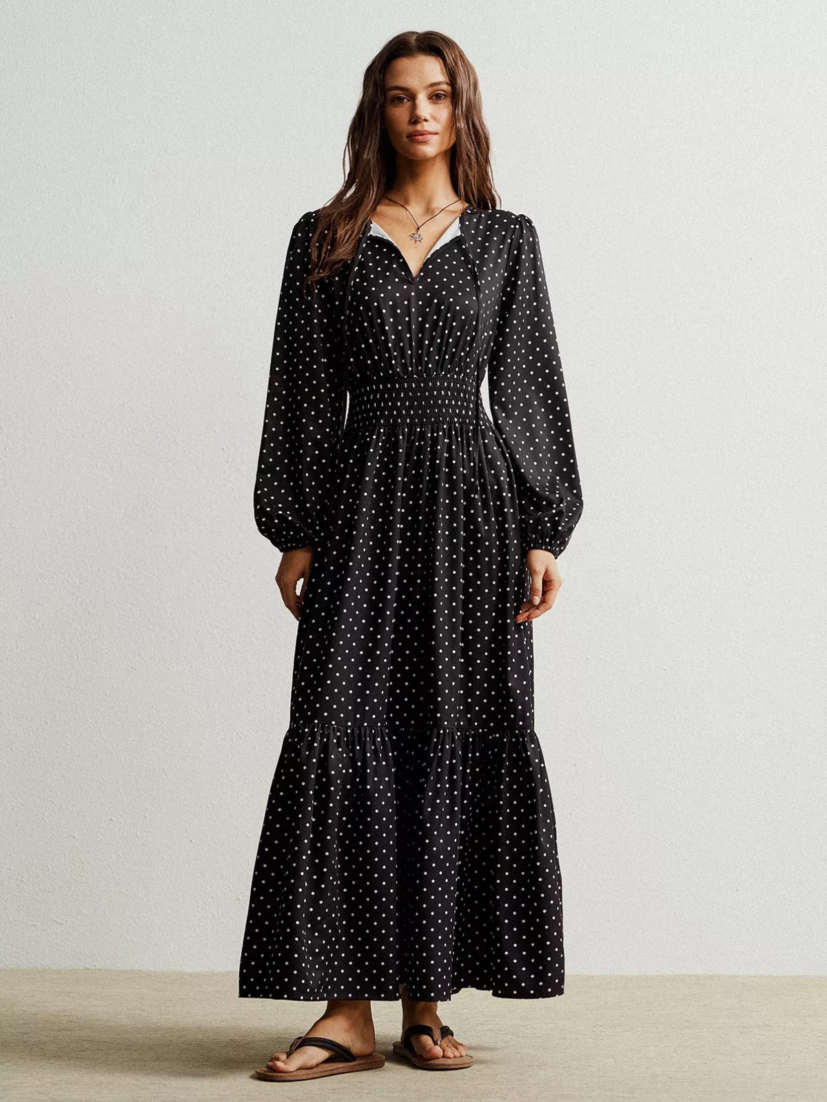Polka Dot Long Sleeve Maxi Dress in Black