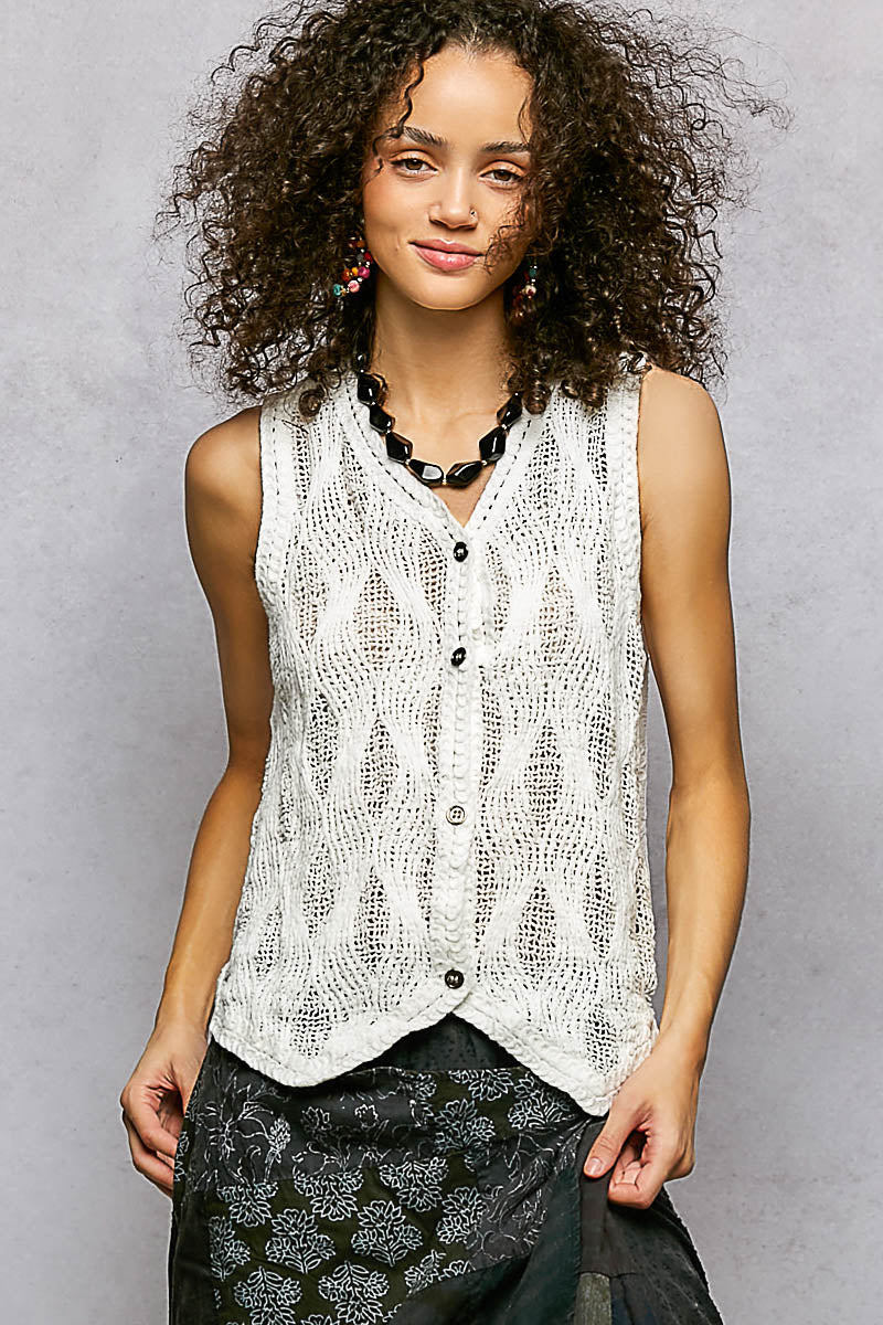 Off White Button Down V-Neck Sweater Vest by POL