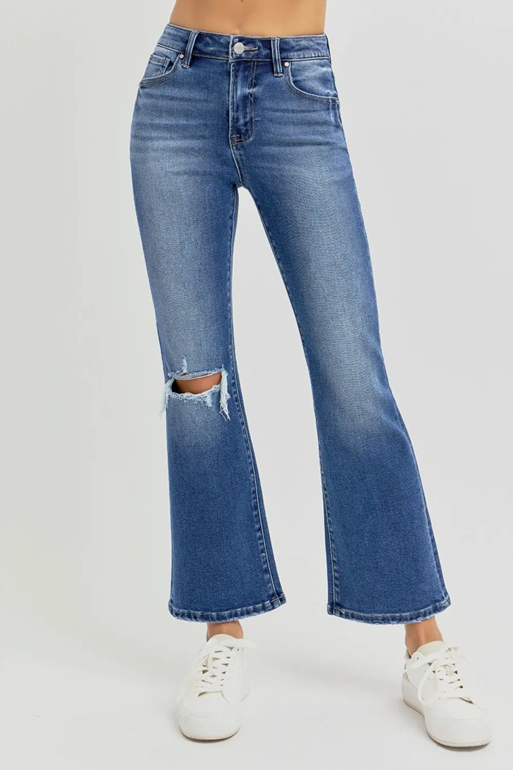 Risen High Rise Distressed Crop Flare Jeans in Dark