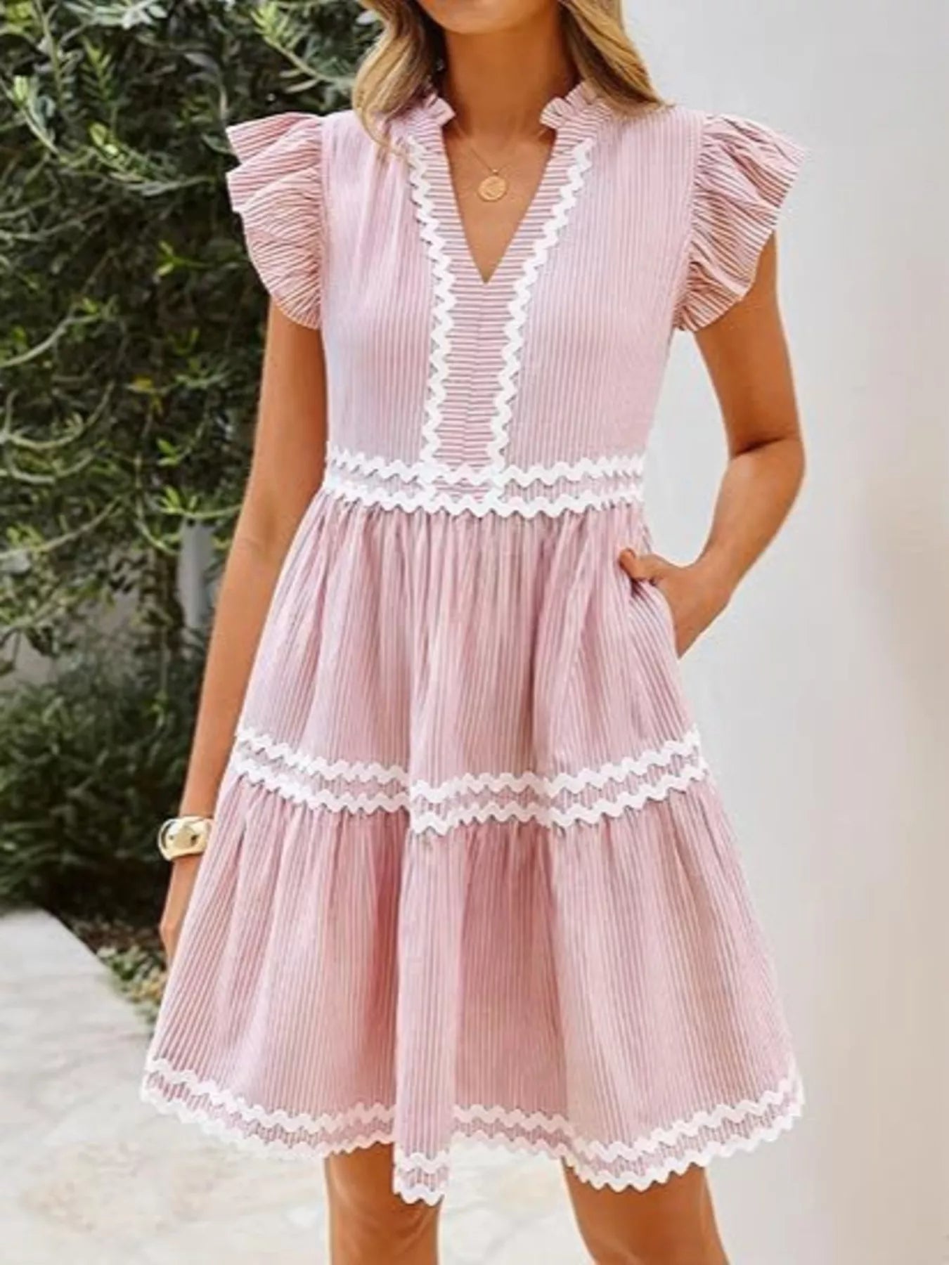 Striped Tiered Dress with Ruffle Sleeves