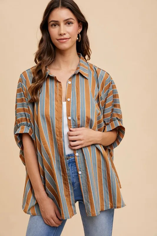 Annie Wear Striped Drop Shoulder Shirt in Camel Multi
