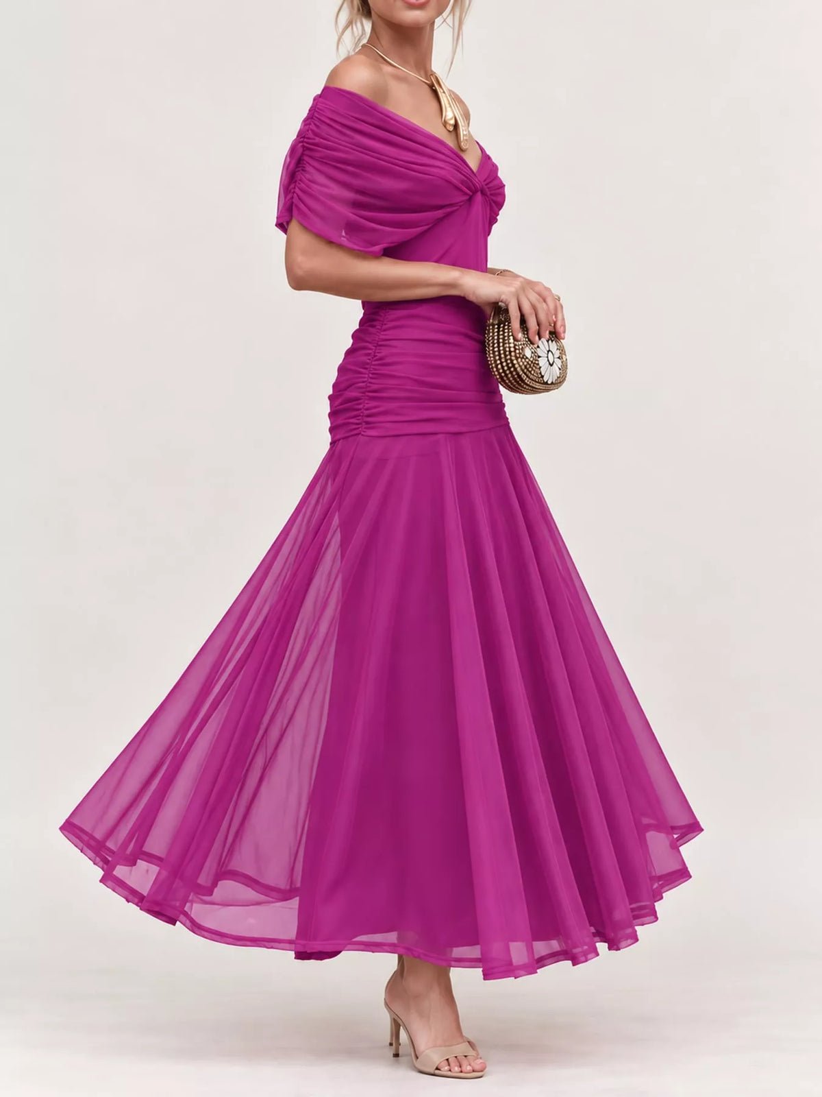 Off-Shoulder Ruched Tulle Evening Maxi Dress