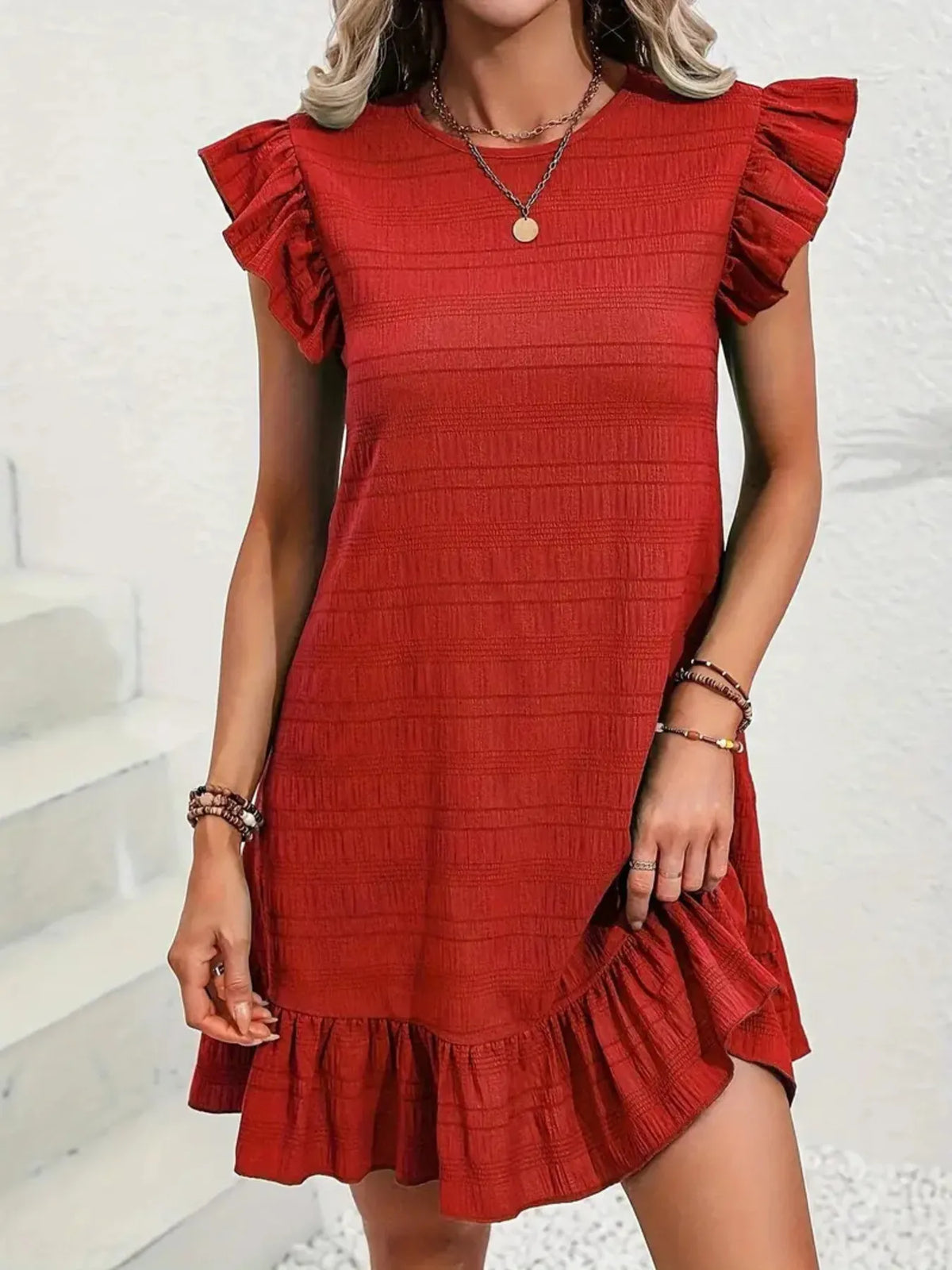 Ruffled Flutter Sleeve Textured Mini Dress