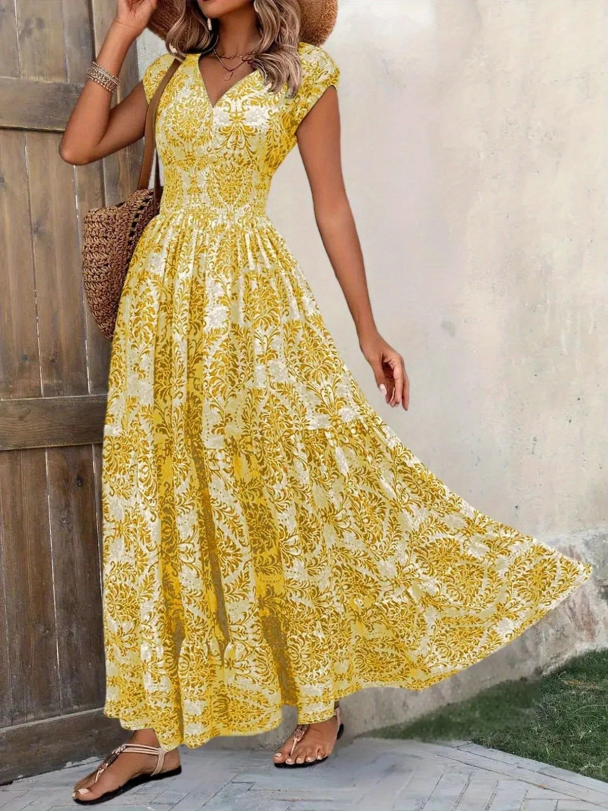 Printed Cap Sleeve Tiered Maxi Dress