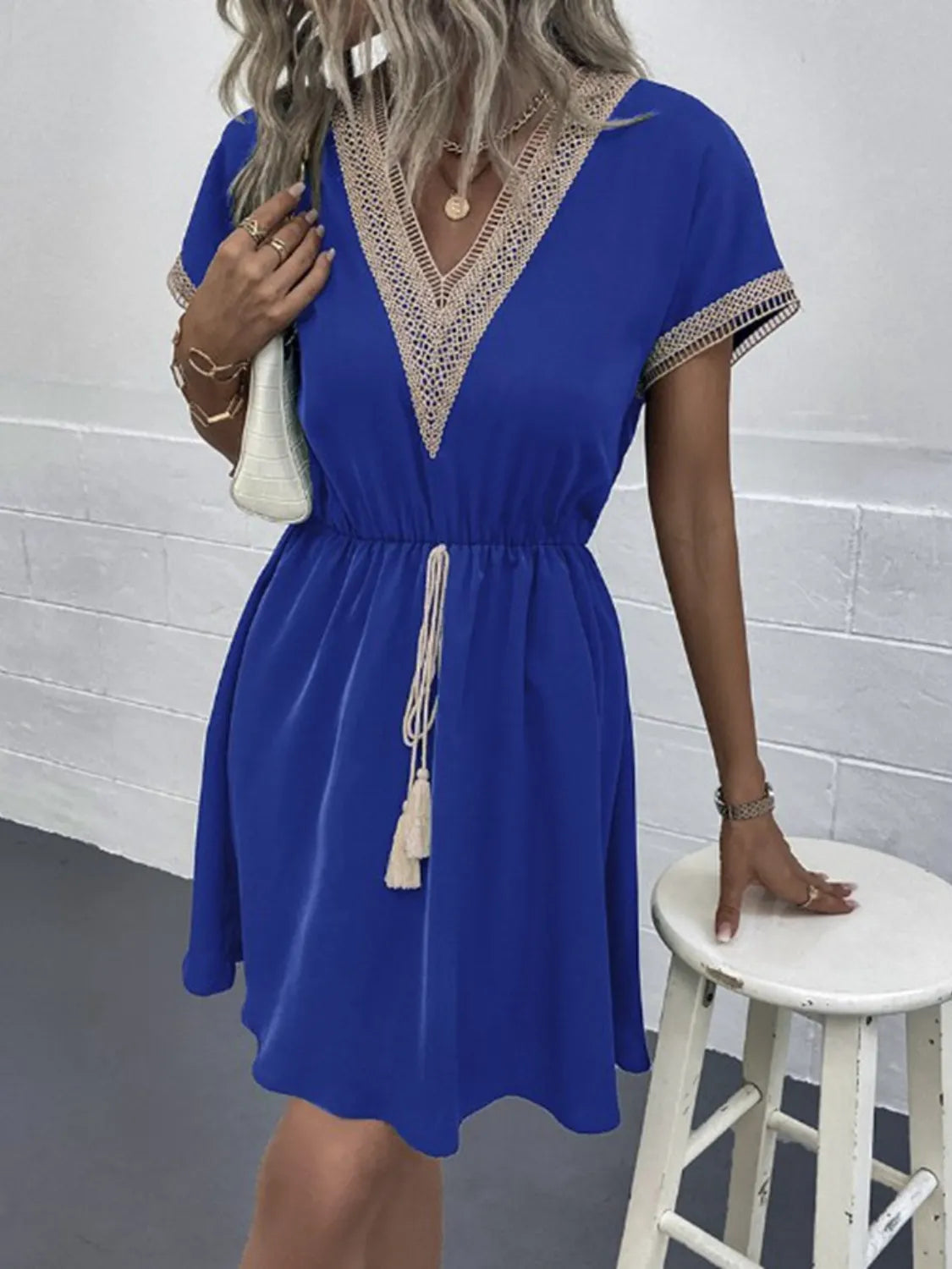 Tasseled V-Neck Short-Sleeve Dress