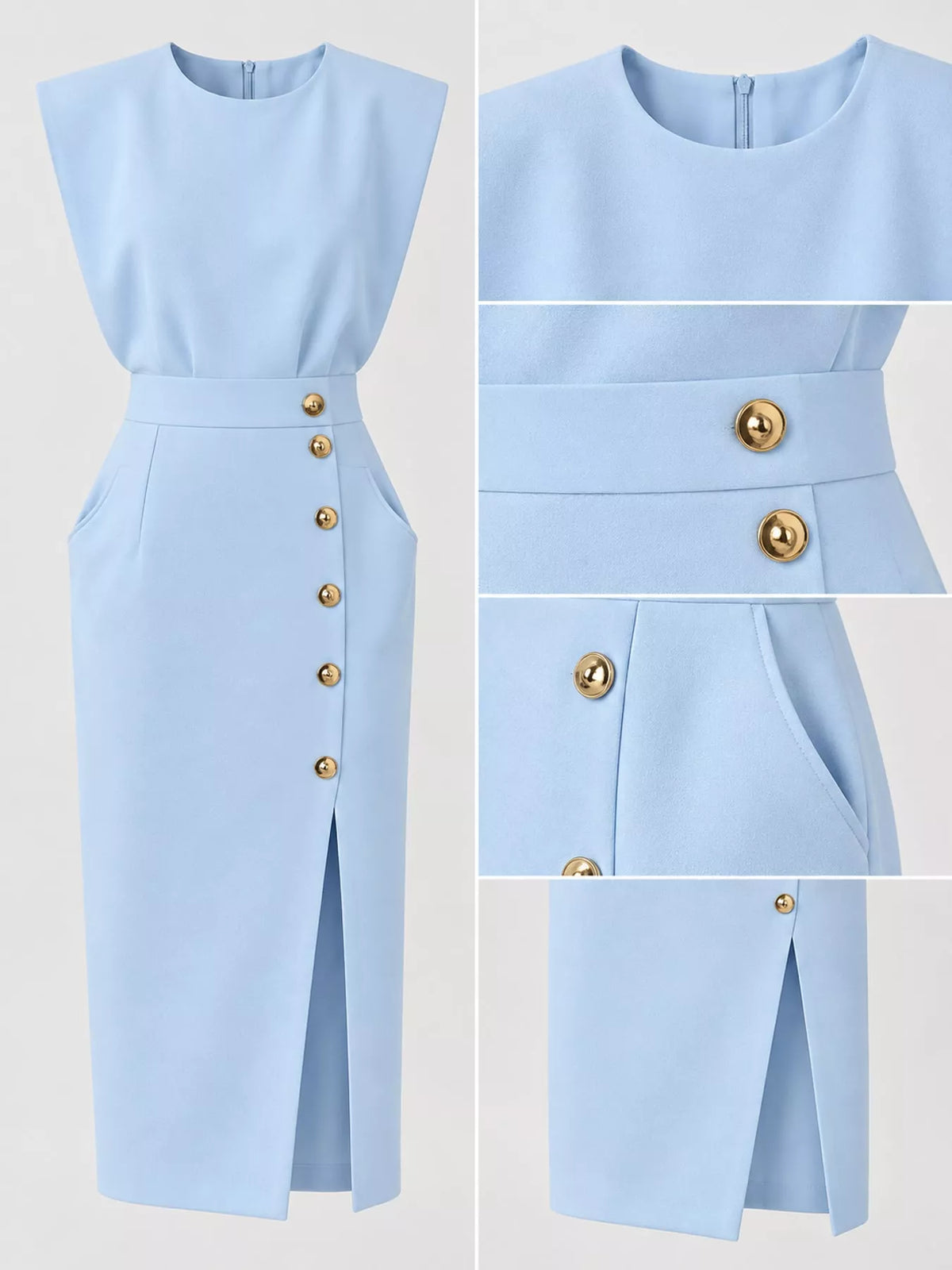 Sleeveless Midi Dress with Gold Button Detail