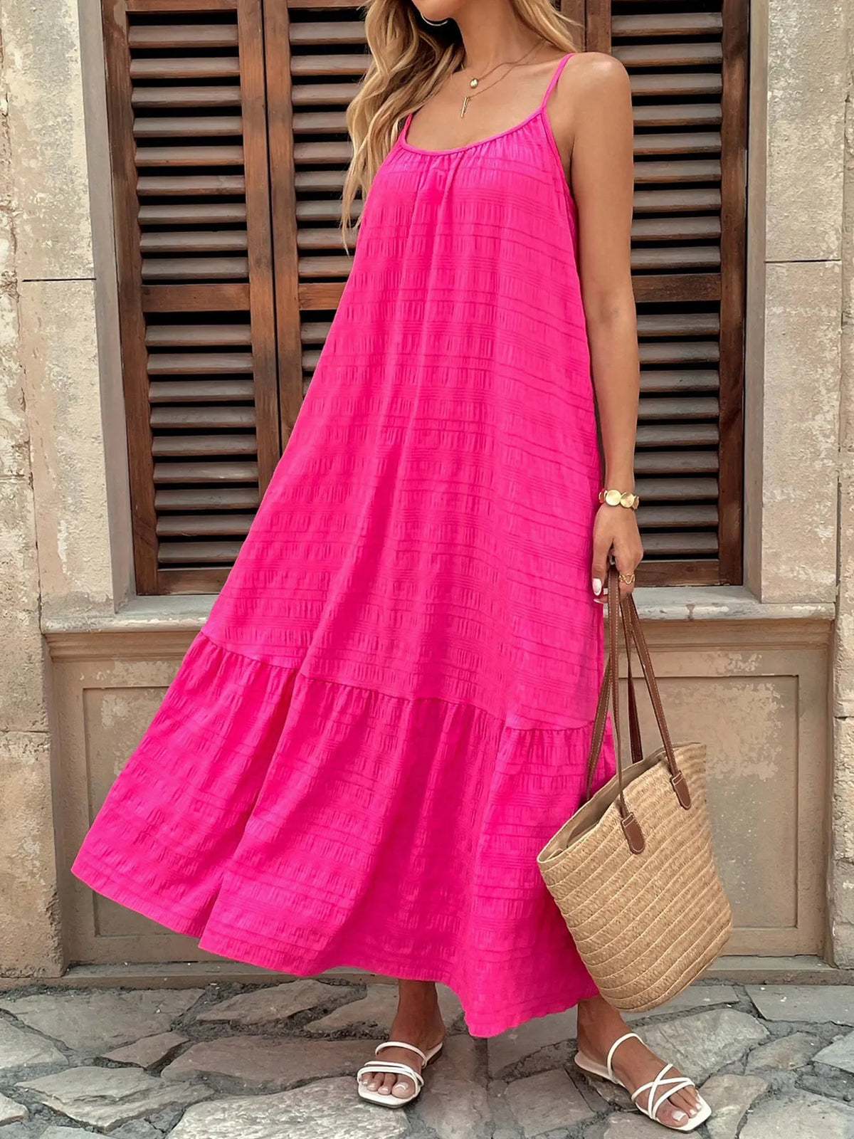 Scoop Neck Tiered Cami Dress in Deep Rose