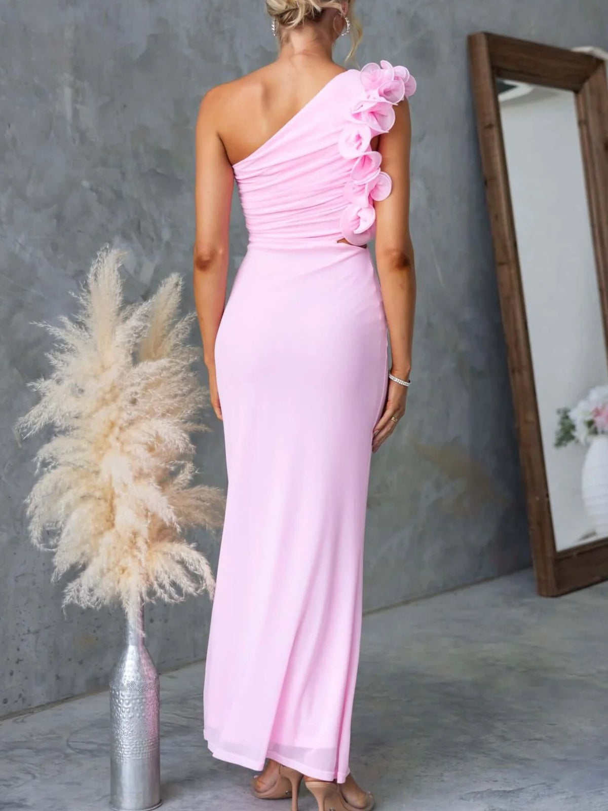 One-Shoulder Floral Trim Maxi Dress